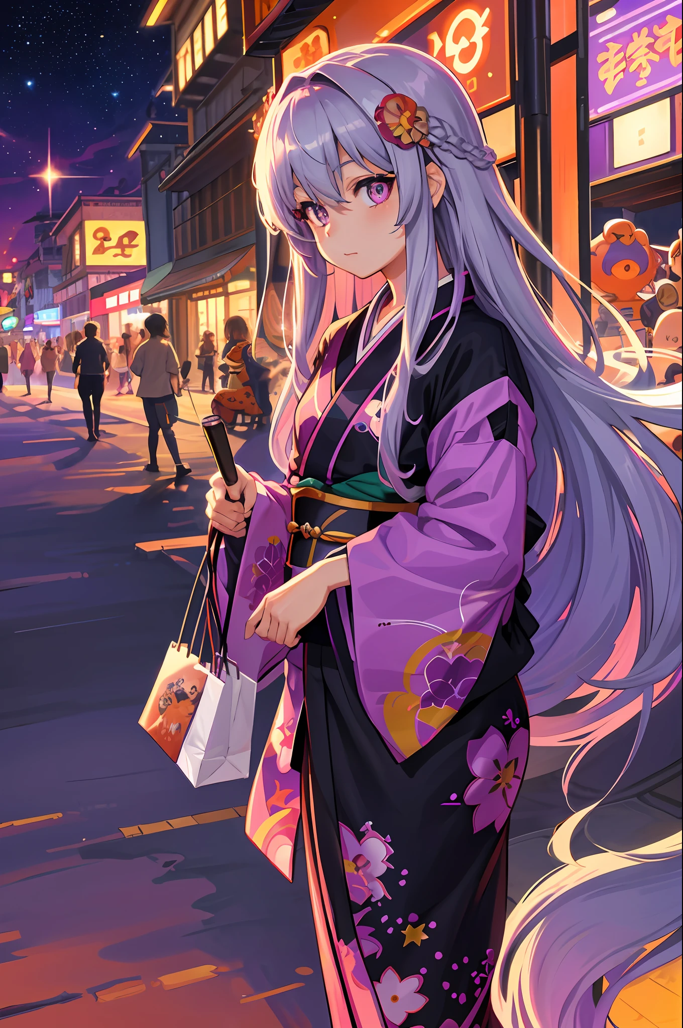 Best quality, original characters, voluminous lighting, purple and silver gradient long hair, cute eyes, goldfish pattern kimono on black background, ghibli-style background, summer festival, sunset, starry sky, old shopping street