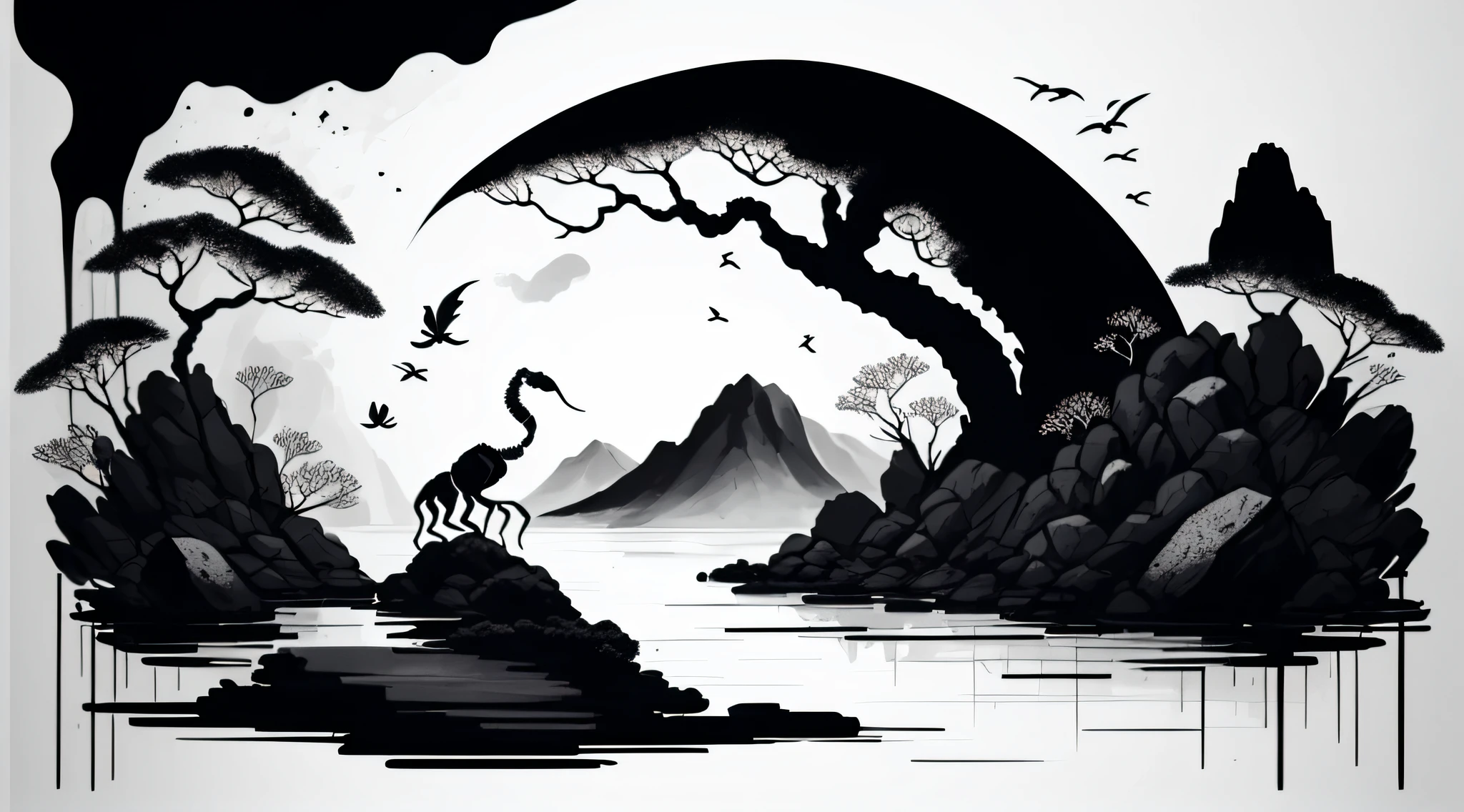 white background, there is a scorpion on the shore of a lake with various stones around, ink illustration, art illustration, black ink painting, black ink illustration, high contrast illustration, high contrast illustration, ink illustration, ink art, illustration art, illutstration, ink painting, painting illustration, poster illustration, spot illustration, illustration!, art illustration, illustration », illustration painting