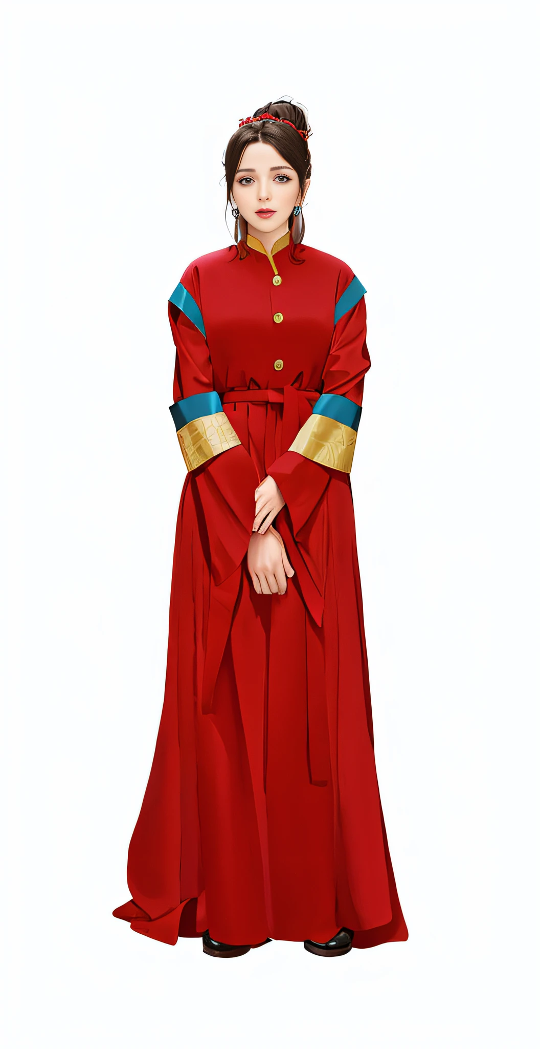 A woman wearing a red dress, blue belt, full body wearing red robe, red cloth around the shoulders, full body centered back pat, back on the back of bright red long skirt, natural placement of hands, full body view, wearing gilded red robe, full body dressed in clothing, masterpiece, perfect hands, fine facial features, fine hands