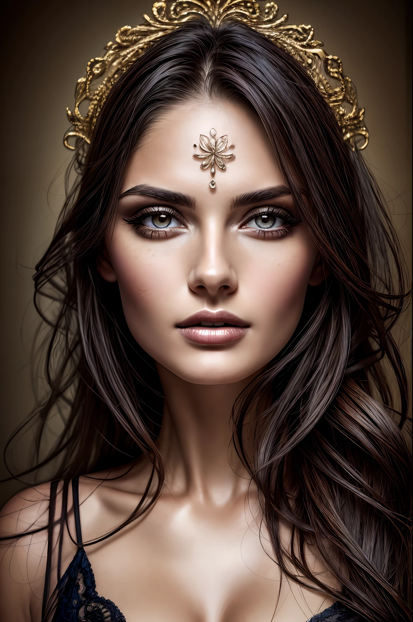 Beautiful lady, dark makeup, hyper-detailed photography, soft light, head and breast portrait, cover, best quality, (detailed beautiful face, detail skin texture, ultra-detailed body: 1.1)