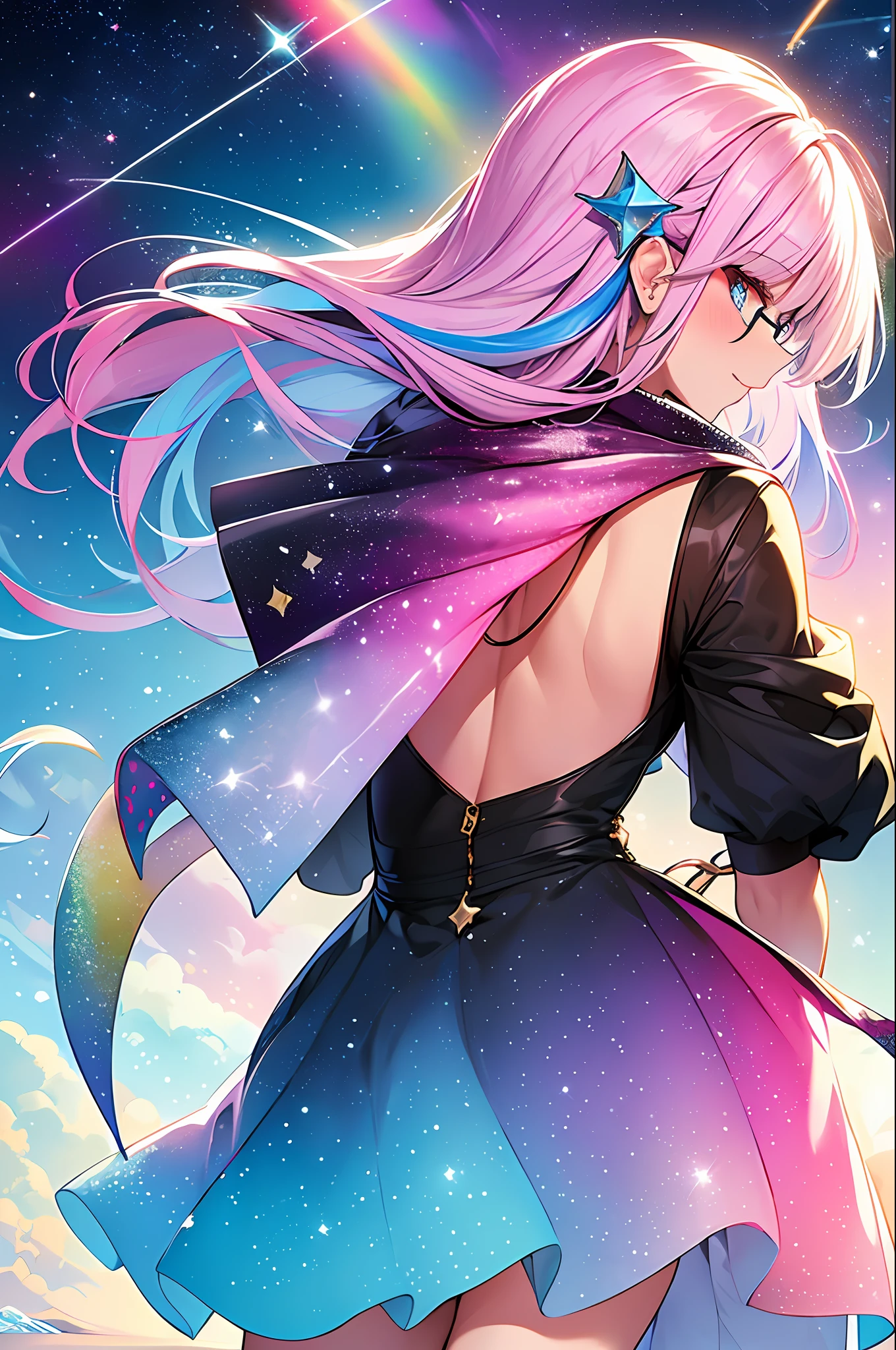 (Masterpiece, Best Quality, Best Quality, Medium Watercolor), Official Art, Beautiful and Aesthetic: 1.2), (1 Girl: 1.3), (Fractal Art: 1.3), (Full Body)), Back (Iridescent Hair, Colorful Hair, Half Blue and Half Pink Hair: 1.2), Water, Liquid, Cloud, Colorful, Starry Sky, Stars, Smile, Glasses, Close Up, Heterochromia, (Colorful: 1.5), ((Uniform)), Detailed background, (((glitter pupils)), ((clothes with large backs))