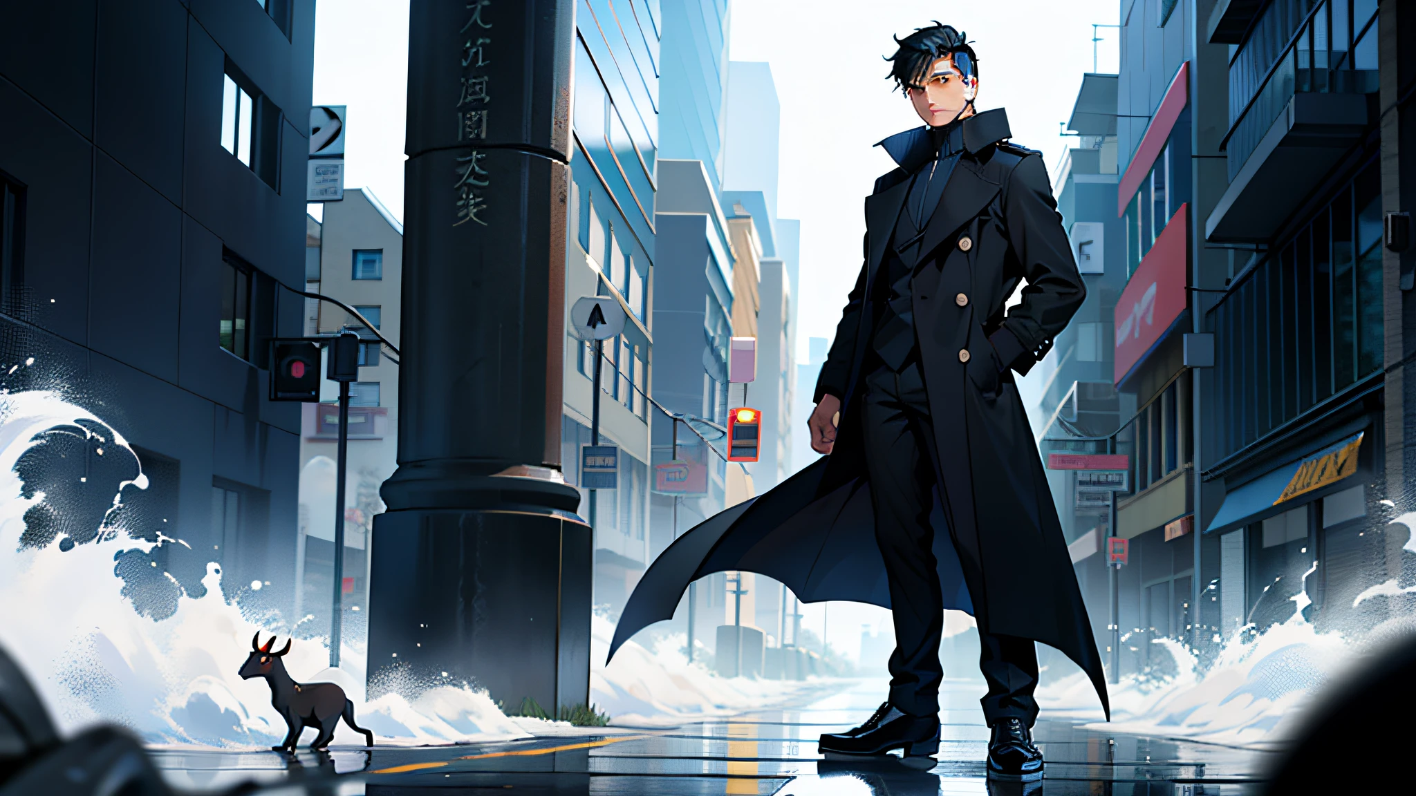 1 boy, (full body, masterpiece: 1.2), (best quality: 1.3), wearing minimalist black trench coat, insecure pose, with black hair, heifer hides his face, standing, detailed face, front plane