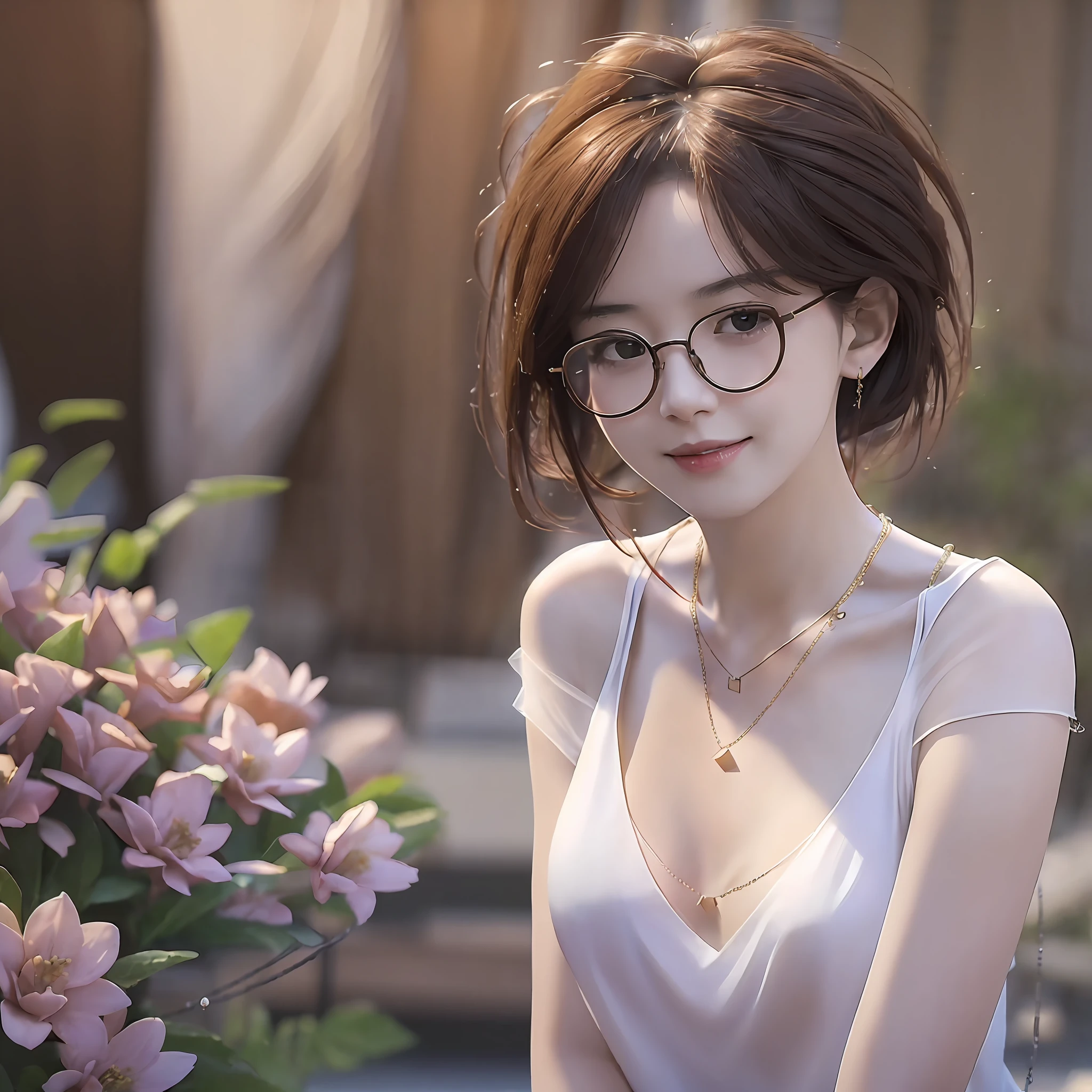 Detailed portrait of a beautiful young woman with half-rim glasses, (raw photo:1.2, masterpiece, superb, 8k resolution, best quality, finely detail, photorealistic: 1.2), ((perfect female body)) , Delicate face, smooth wine red short hair, detailed black eyes, red delicate thin lips, calm, light smile, (delicate high-detailed face: 1.2, high-detailed skin: 1.3, glossy skin: 0.8), sexy Yes, slim body, clavicle, bare shoulders, small breasts, cleavage, (nipple:1.2), (sleeveless round neck white T-shirt, see-through clothes), fashionable gold-rimmed glasses, (necklace:1.6), frontal face, Looking at the camera, portraits, realistic light, realistic shadows, film lighting, parks, trails, flowers, kiosks