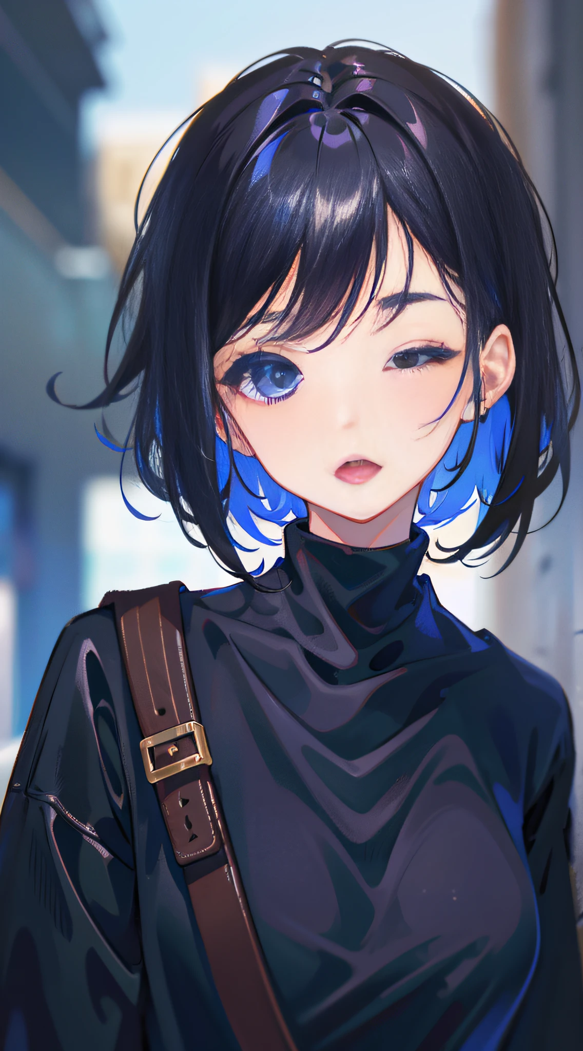 1girl, absurdres, masterpiece, upper body, short hair, messy hair, black turtleneck sweater,  eyes closed, open mouth, blue eyes, black hair, happy, solo