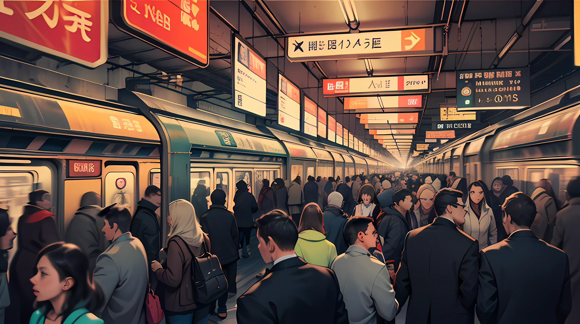 a crowded subway station, people rushing to catch the train, (low key lighting)++, (gritty)++, (grainy)++, (dramatic angles)++, (motion blur)++, (chaotic)++, (overcrowded)++, (urban decay)++, (vibrant colors)--, (noisy)++, (busy)++, (street photography)++,