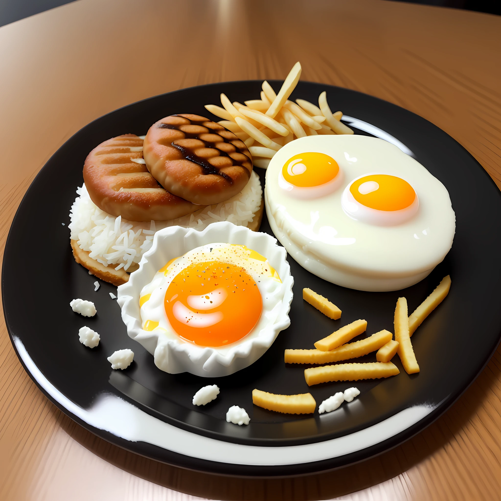 A realistic image of a white styrofoam marmitex with french fries, a fried egg, rice, black beans and a Catalan sausage.