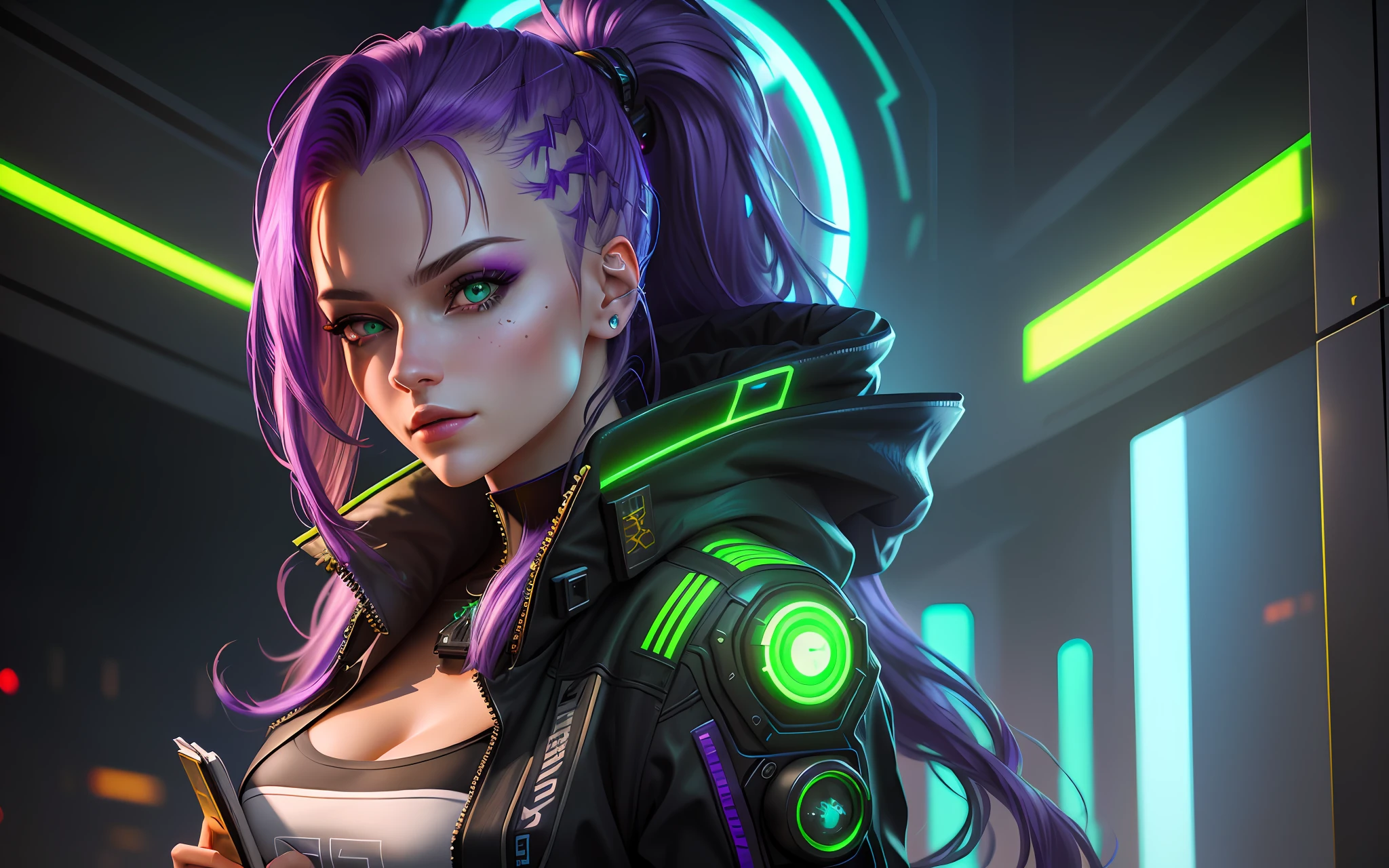 Alisa Freindlich, Alisa Shor, Alisa Kuzmina, Alisa Selezneva, exotically beautiful archivist woman dressed in futuristic clothes with a ponytail of purple hair with a book in her hand, perfect detailed face, detailed symmetrical green eyes with round iris, realistic, stunning realistic photography, 3D rendering, octane rendering, intricate detailed, cinematic, cyberpunk art style, cyberpunk themed art, art style cyberpunk, cyberpunk girl portrait, cyberpunk portrait, cyberpunk bright glow, advanced cyberpunk digital art, cyberpunk style, cyberpunk style color, hyper-realistic cyberpunk style, female cyberpunk, cyberpunk character art, dreamy cyberpunk girl, cyberpunk atmosphere,