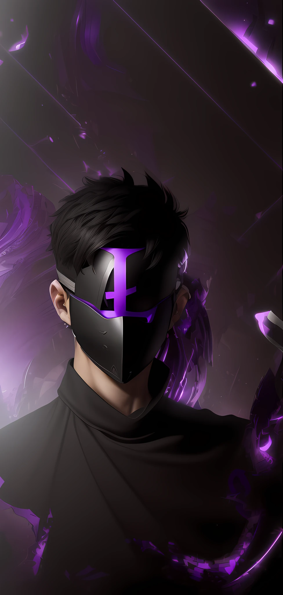 A young man with short black hair with a mask covering his entire face, on the mask there is a purple L, ( ( ( mask ) ), broken mask, vega mask, light face [[bronze]] [mask], unsharpened mask, unknown art style, anime style. 8k, broken visor, mask is broken, dark background, shadow world background, purple, purple L