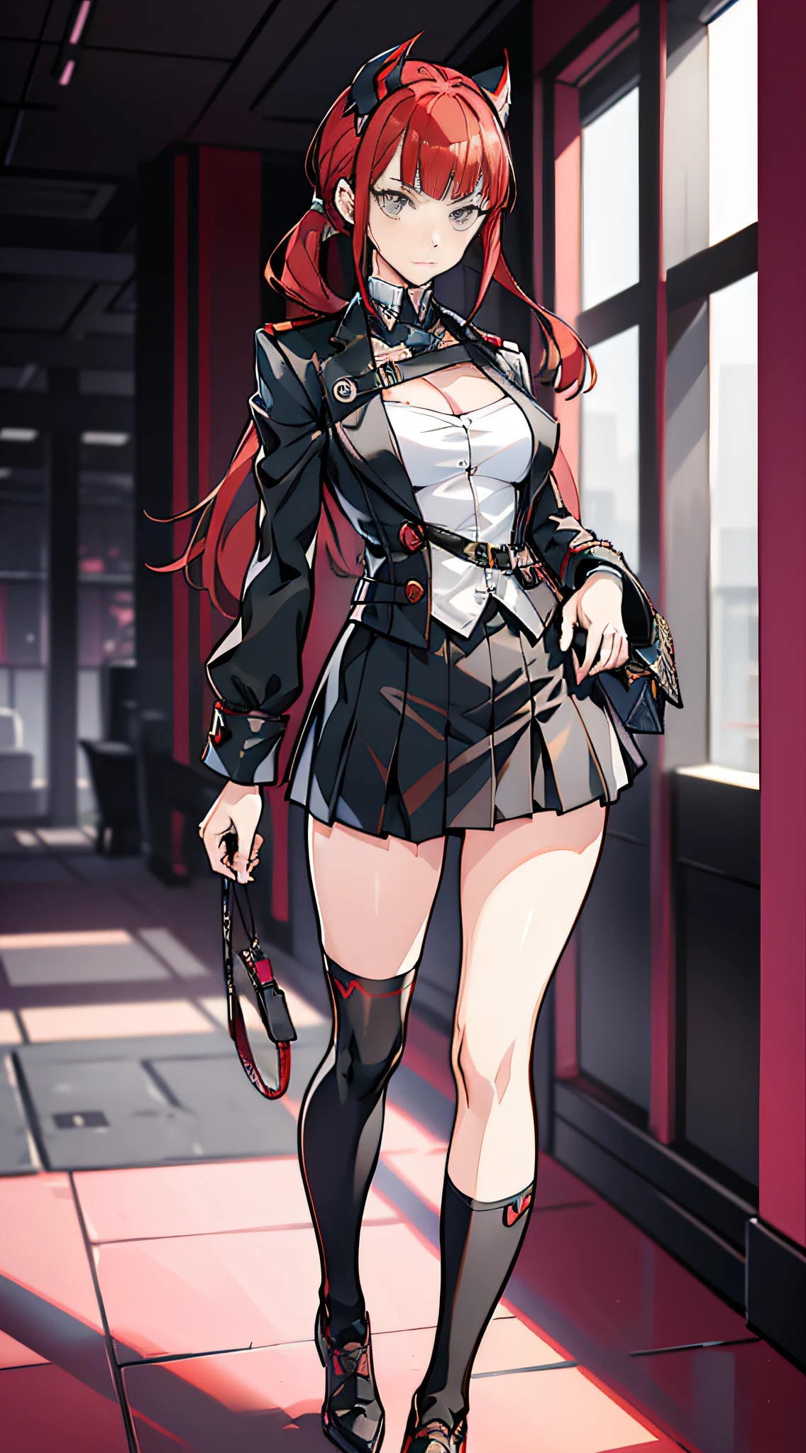 Persona 5 Art Style wlop, Persona 5 Art Style, Persona 5 Style, Kasumi Yoshizawa, Girl in Uniform, Full Body, High Quality, 8K, Uniform with Open Chest, Ponytail, Small Breasts, Bangs, Smooth Thighs, Patsun, Top Quality, 8K, Ultra High Definition, Fine Eyes, Slender Legs,