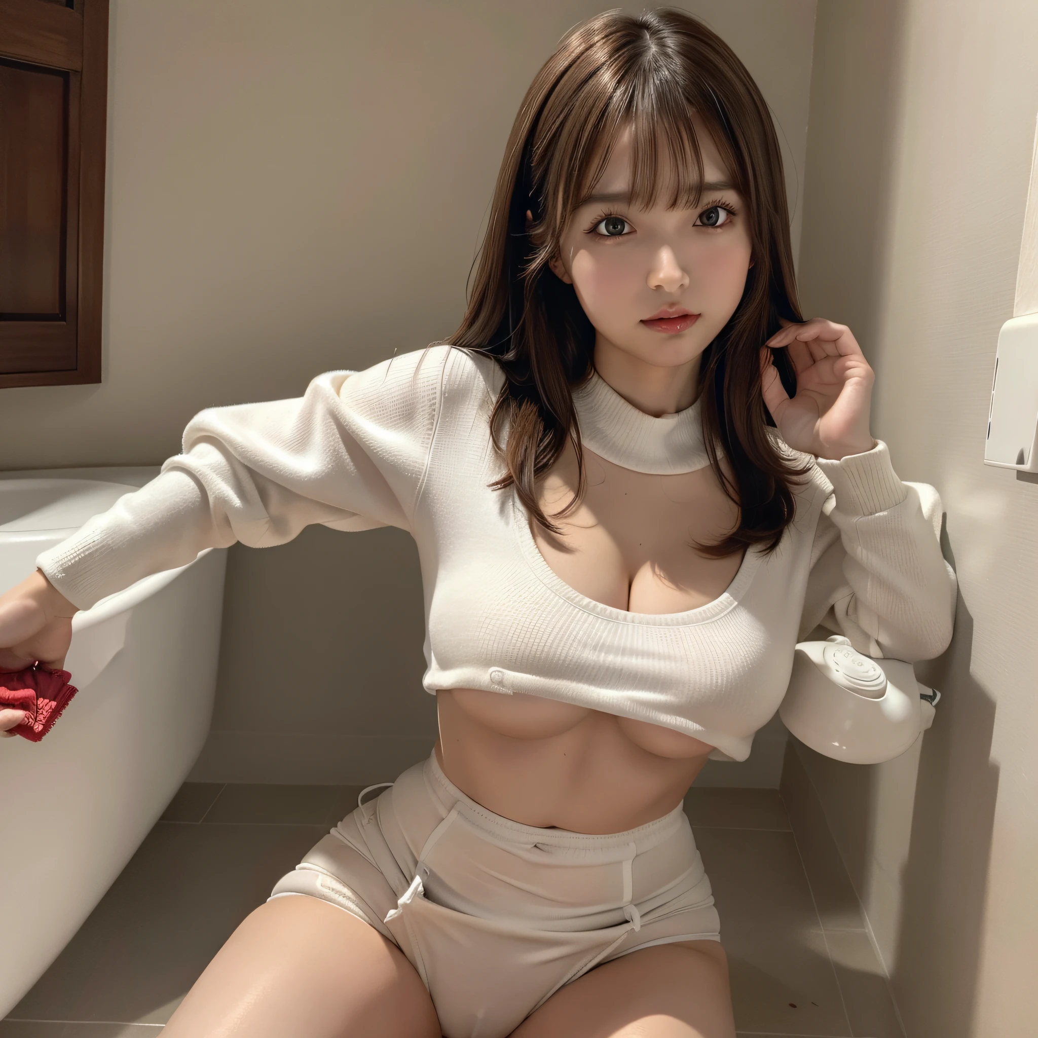 Top quality, masterpiece, (Reality: 1.2), 1 girl, brown hair, brown eyes, frontal view, detailed face, beautiful eyes, full body, crouched in the bathroom, miniskirt, open legs, nice thigh, nice legs, quite menstruating, using female tampon, menstrual blood oozing out of the female tampon, white panties with menstrual blood stain, ((cameltoe)), ((protrusions)), detailed skin