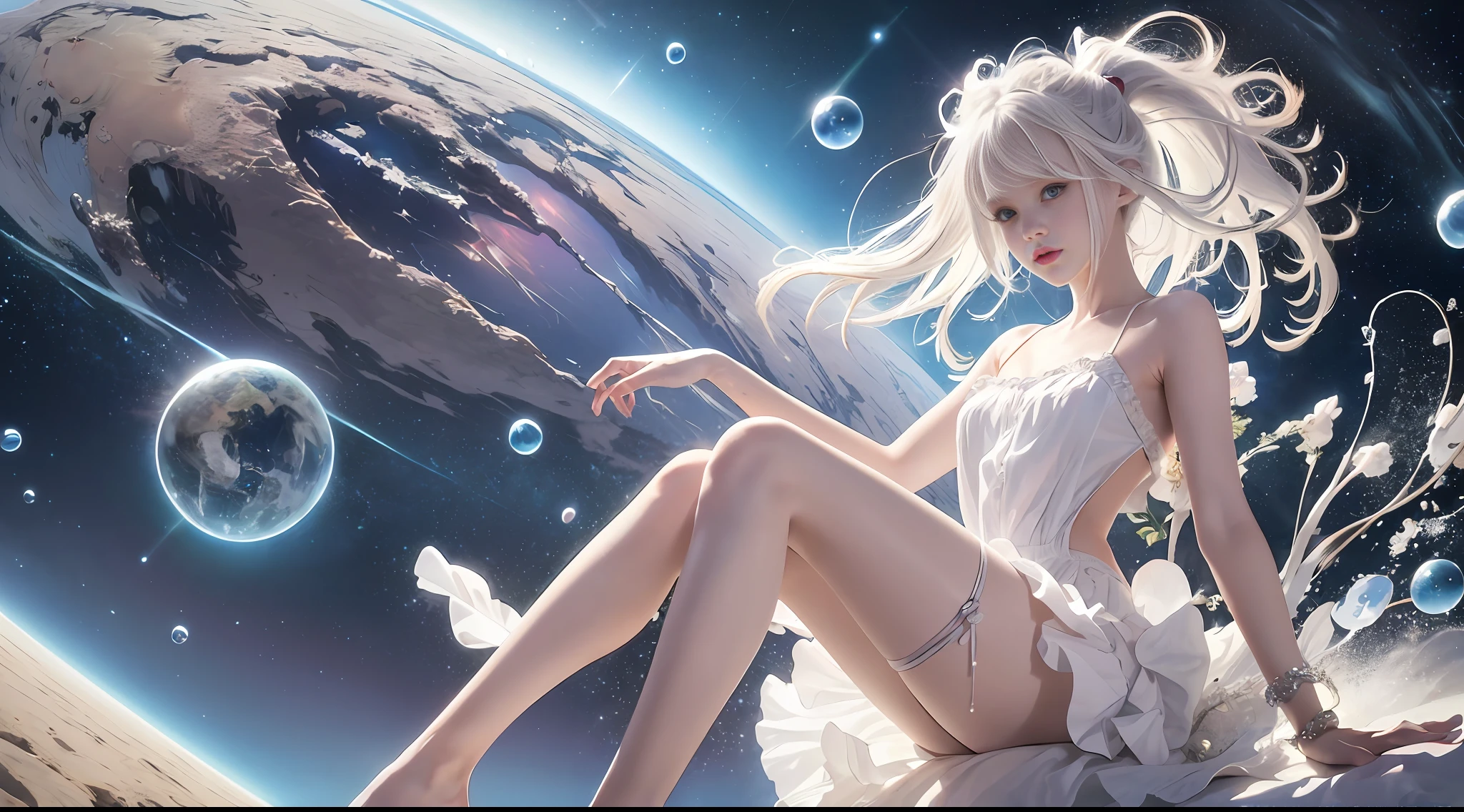 (Masterpiece, Best Quality: 1.2), (Super Detailed), (Illustration), Wallpaper, Original, 1girl, Messy White Hair, Thin Shoulder Straps, White Skirt, Bare Legs, Barefoot, Bare Arms, Space, Earth Background, Near-Earth Orbit, Full Body, (Surrounded by Colored Splashes and Dots), Colored Bubbles, (Shiny)