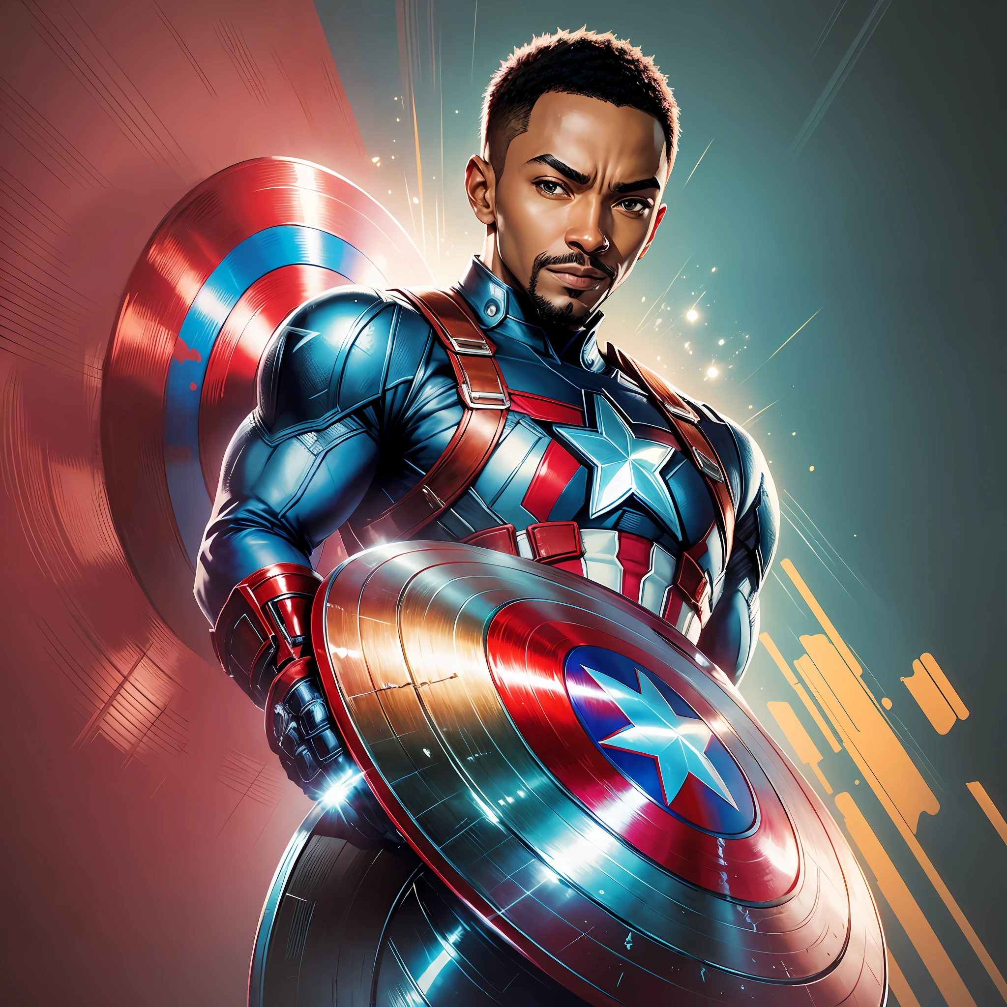 an image of Anthony Mackie dressed as Captain America, with a vibrant, flashy background. He may be holding Captain America's shield with a confident expression on his face. --auto --s2