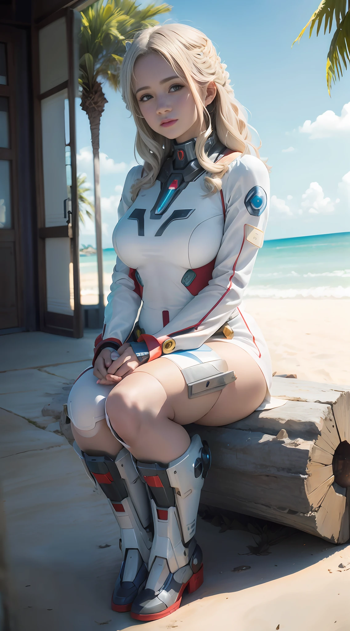 Mecha Maiden, by the Sea, (inspired by the Avengers), behind a giant robot, full body mecha coverage, Mecha Maiden, Safety Rating, (8K, foto RAW, fotorrealista: 1, 25), (Muito Brilho Labial, Muitos Cílios, Melhor Qualidade, Ultra Alta Resolução, Profundidade de Campo, Aberração cromática, luz ampla, cor natural, distant image (1:2)