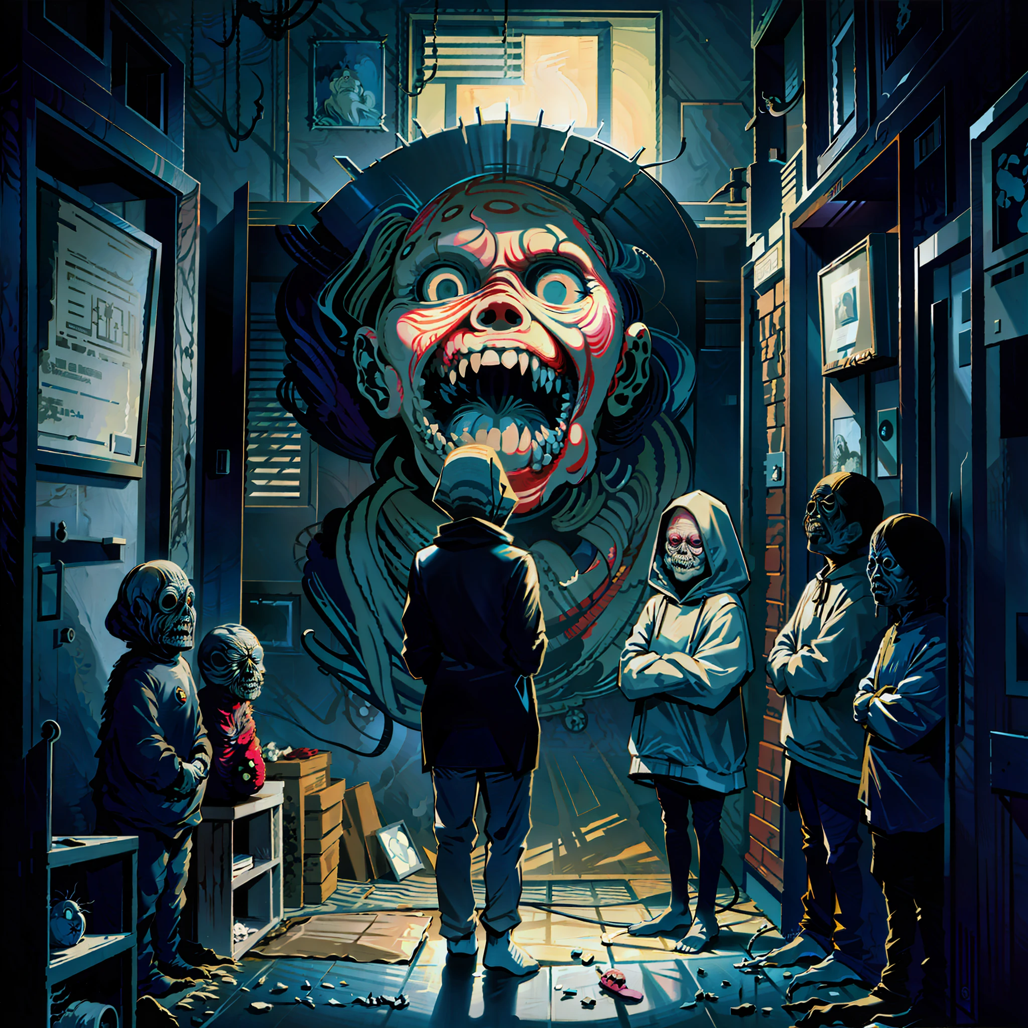 there are many people standing in a room with a creepy face, detailed 4k horror artwork, cyril rolando and goro fujita, attack on titan covert art, dark but detailed digital art, digital horror artwork, dan mumford tom bagshaw, eerie nostalgic concept art, still from animated horror movie, scary scene, in the art style of dan mumford, official illustration