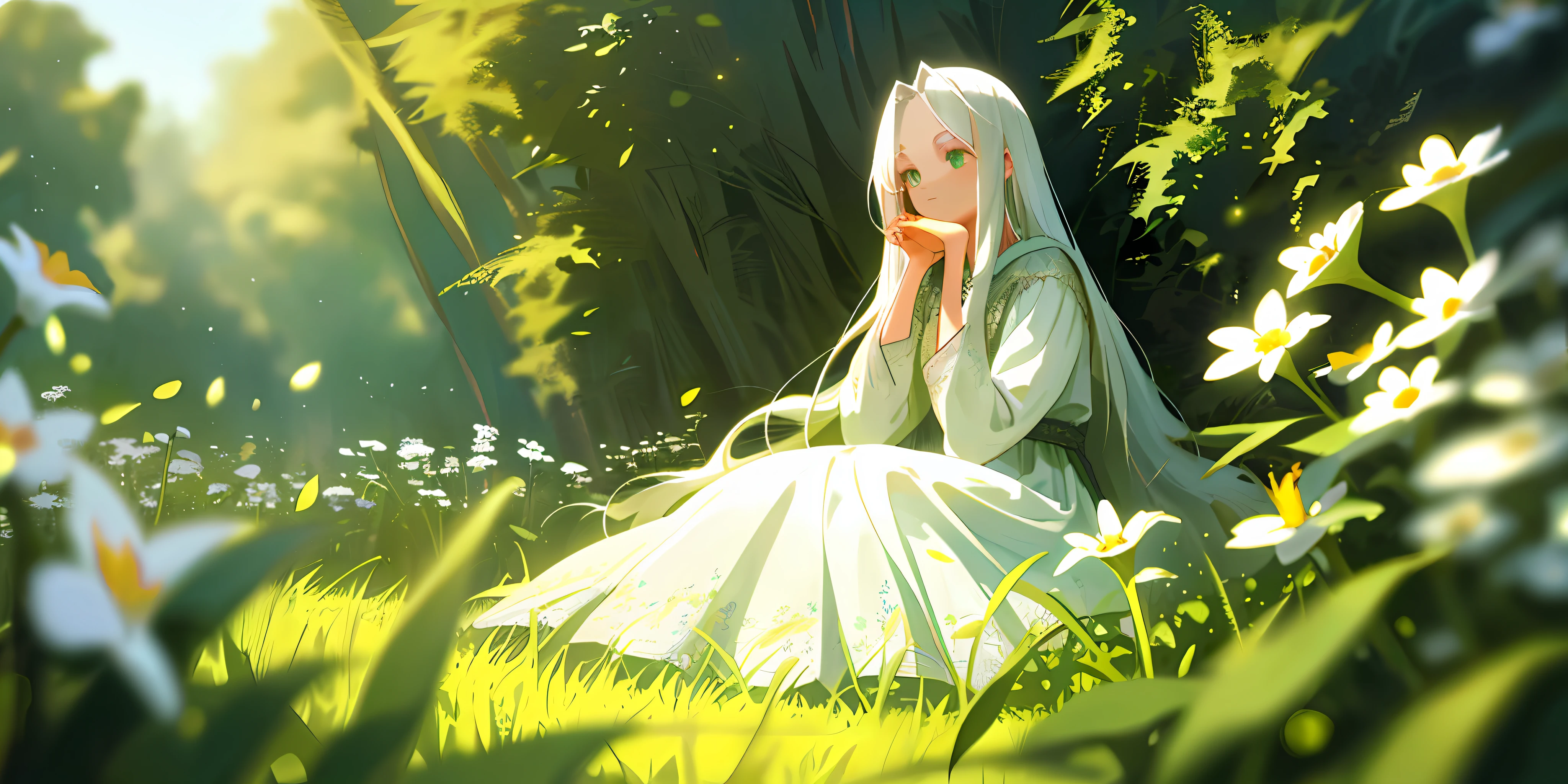 (masterpiece, best quality),1girl with long white hair sitting in a field of green plants and flowers, her hand under her chin, warm lighting, white dress, blurry foreground