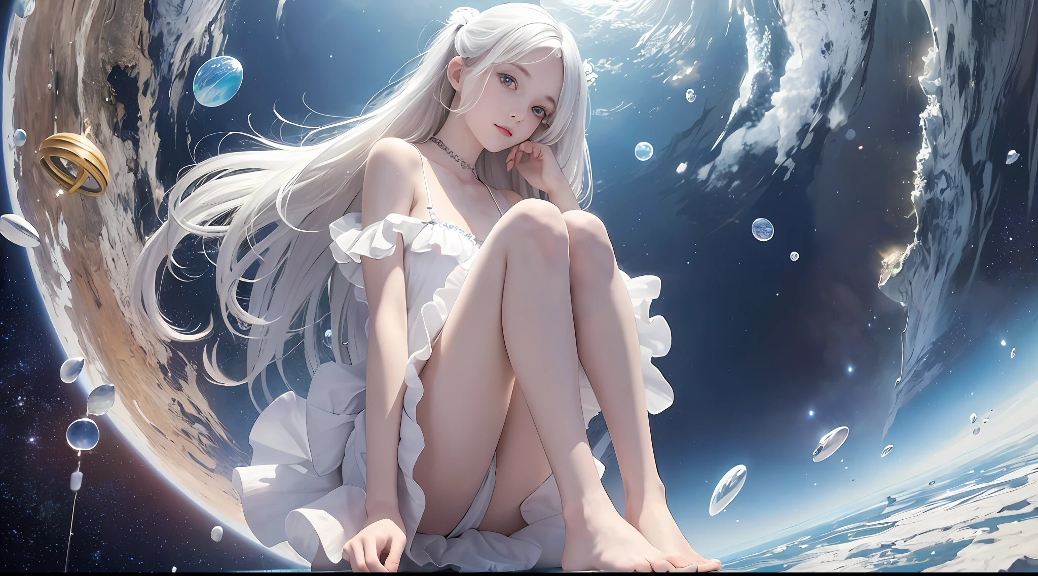 (Masterpiece, Best Quality: 1.2), (Super Detailed), (Illustration), Wallpaper, Original, 1girl, Messy White Hair, Thin Shoulder Straps, White Skirt, Bare Legs, Barefoot, Bare Arms, Space, Earth Background, Near-Earth Orbit, Full Body, (Surrounded by Colored Splashes and Dots), Colored Bubbles, (Shiny)