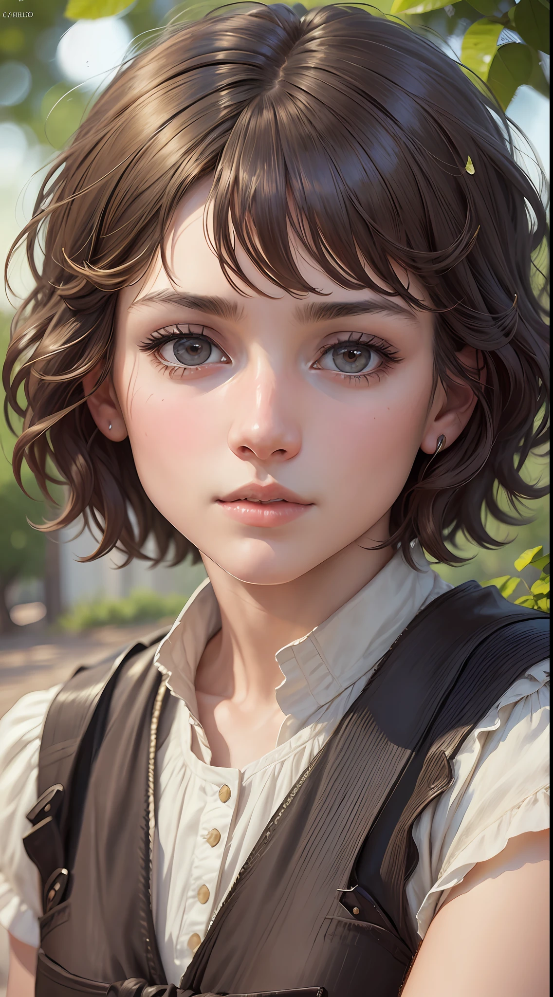 A closeup of a girl with a very short haircut, by Jules Bastian-Lepage, Photorealistic, Award-winning, Ultra Realistic, 8k, Enchanting, Amazing, Excellent, Detailed Face, Heavenly, Very Refined, Magnificent, Amazing, Elegant --auto --s2