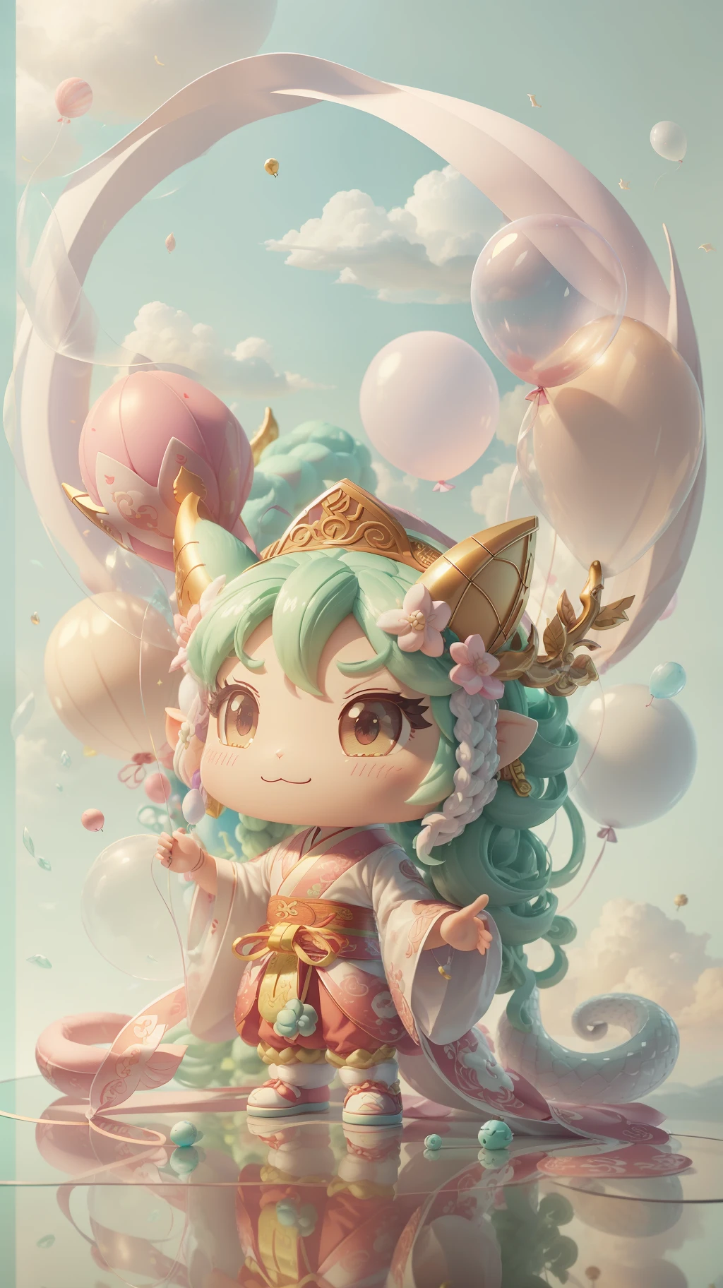 Snake, big ears, happy smile, (wearing Hanfu) dragon head, antlers, soft ((best quality)), ((masterpiece)), (hair accessory)( extreme detail, highest detail, official art, beauty and aesthetics:1.2), depth of field, composition ( (full body) ), (chibi), (beautiful and detailed eyes: 1.3), (very happy:1) (light mint green and gradient white), popmart blind box, clay texture, (transparent balloon, cloud decorative background), natural light, best quality, Super Detail, 3D Art, C4D, Blender, OC Renderer, 3D Rendering, 8K --auto --s2