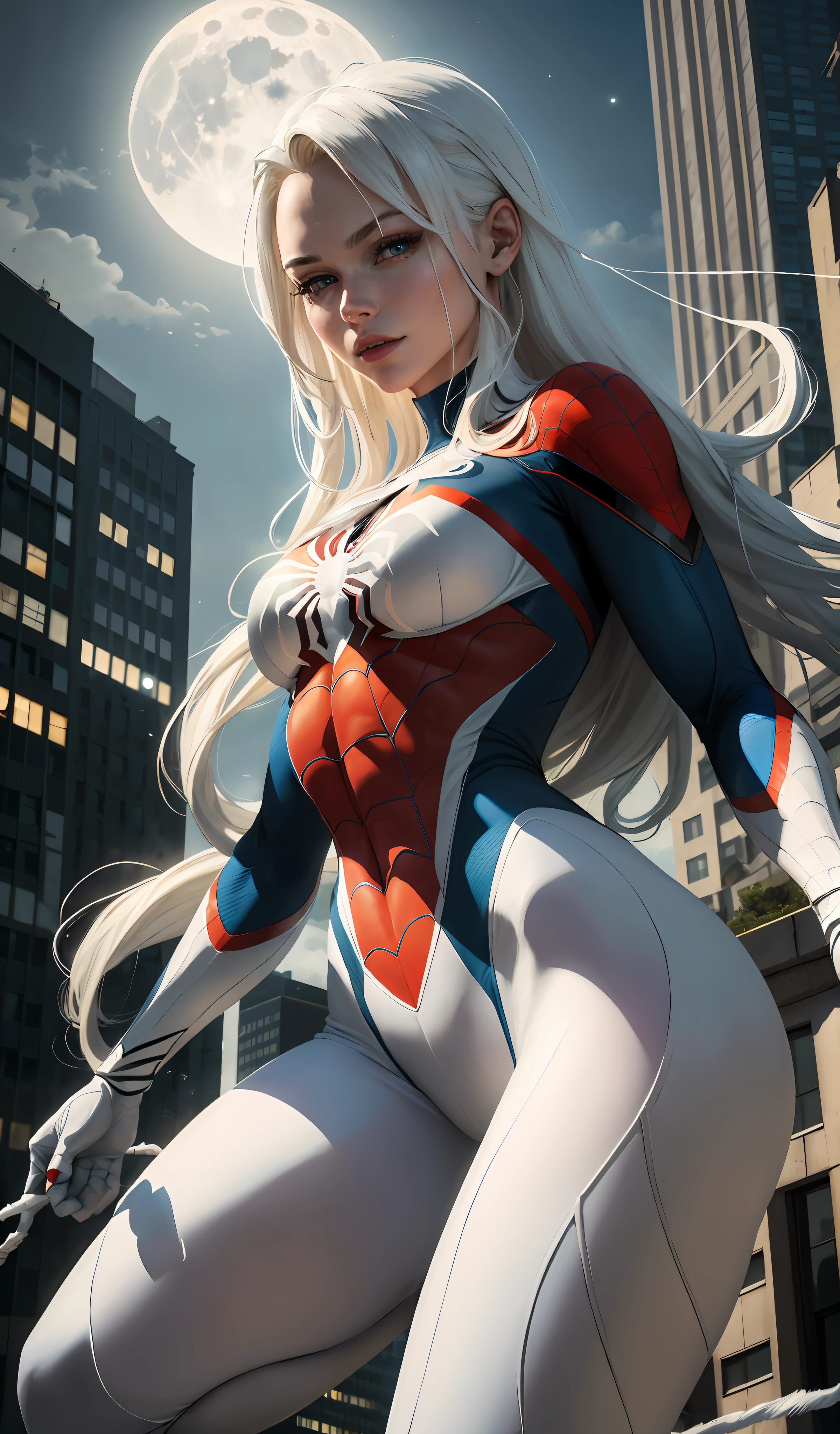 (Masterpiece, 4k resolution, ultra-realistic, very detailed), (White superhero theme, charismatic, there's a girl on top of town, wearing Spider-Man costume, she's a superhero), [ ((25 years), (long white hair:1.2), full body, (blue eyes:1.2), ((Spider-Man pose),show of strength, jumping from one building to another), ((sandy urban environment):0.8)| (cityscape, at night, dynamic lights), (full moon))] # Explanation: The Prompt mainly describes a 4K painting of ultra-high definition, very realistic, very detailed. It shows a superheroine at the top of the city, wearing a Spider-Man costume. The theme in the painting is a white superhero theme, the female protagonist has long white hair, is 25 years old and her entire body is shown in the painting. In terms of portraying the actions of superheroines, spiders are employed