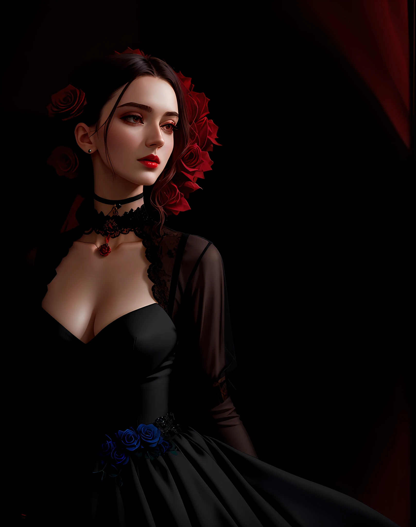 4K, Masterpiece, highres, absurdres,photorealistic, edg_choker, a woman wearing a black dress and a red rose choker , edg_choker around the neck,cowboy shot,