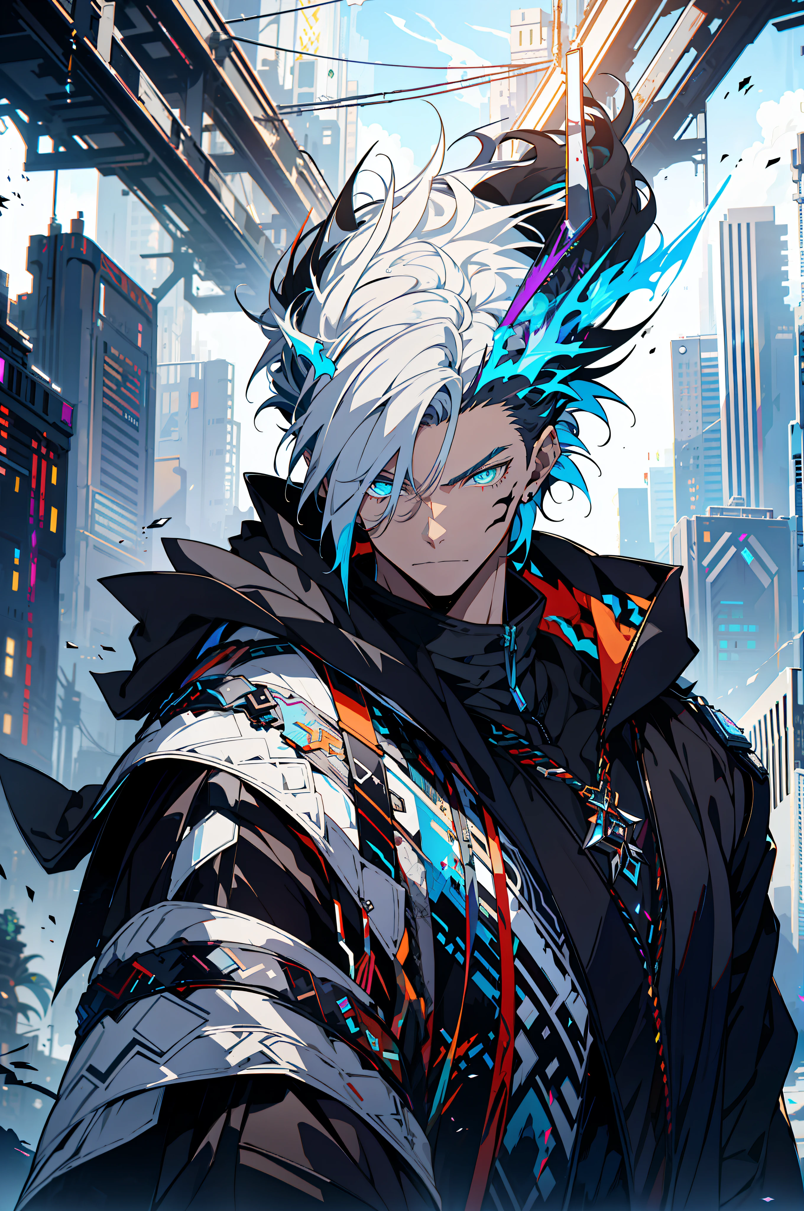 Cyberpunk male, fantasy world, dark background, clean design, epic instagram, artstation, colorful paint splatter, silhouette, hyper detailed intricate details, unreal engine, fantasy, intricate details, splash screen, complementary colors, Fantasy concept art, 8k resolution, deviantart masterpiece, oil painting, heavy strokes, paint dripping, (isolated on white background: 1.3), rainbow skin, (((handsome young man))), ((teenage:1.5) ), (glowing blue eyes), ((light eyes)), ((((short white hair: 1.1))), ((black clothes)), (prince\\(indifferent expression\\),, ( ((Wears high detail luxurious black robe))), white hair, frost magic, ((chest) --v 6
