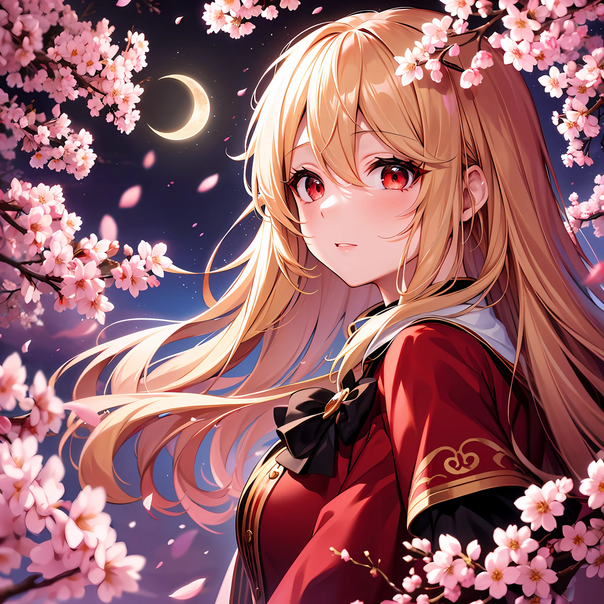 One blonde girl, red eyes, night background, moon and cherry blossoms, red fluffy clothes,
