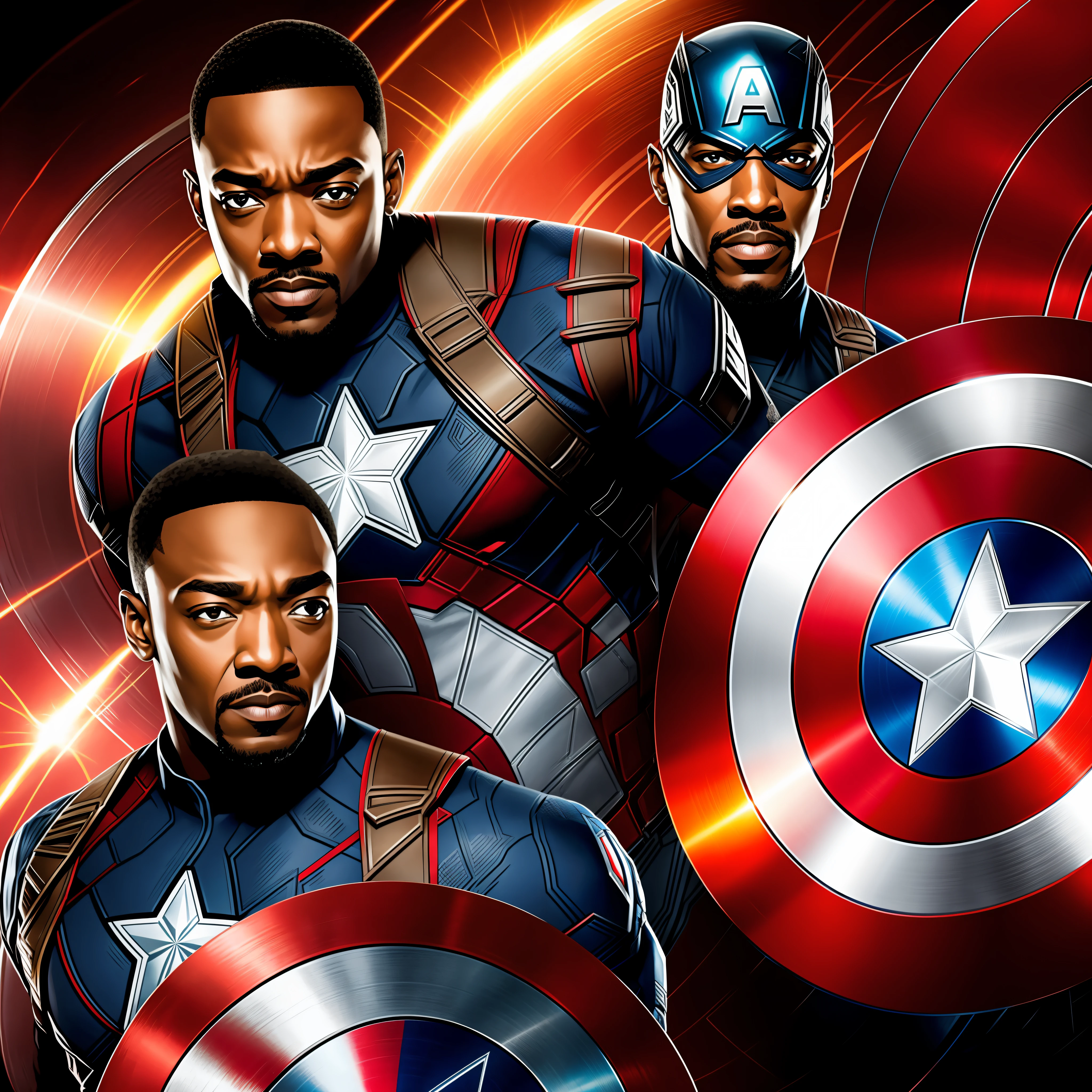 an image of Anthony Mackie dressed as Captain America, with a vibrant, flashy background. He may be holding Captain America's shield with a confident expression on his face.