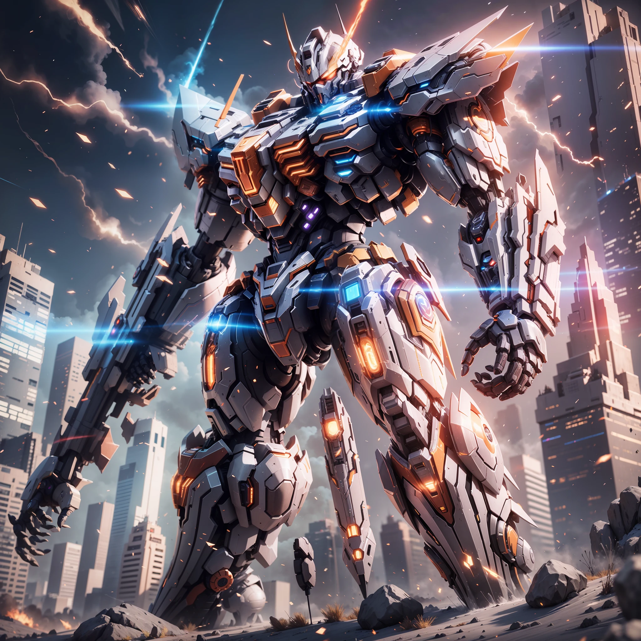 A Super Mech Warrior, Holding Energy Cannon, Tall Buildings, Energy Cannon Fire, Tall and Mighty, Solid Armor, Futuristic Technology, Sharp Lines, Dynamic Styling, Mechanical Joints, Armor Plates, Sensors, Energy Weapons, Blazing Energy, Shining Light, Explosion Effects, Smoke and Dust, Tense Atmosphere, (Octane Rendering: 1.4), Best Quality, (Highly Realistic), (Ultra Detail: 1.5), C4D Rendering, Cinematic Quality
