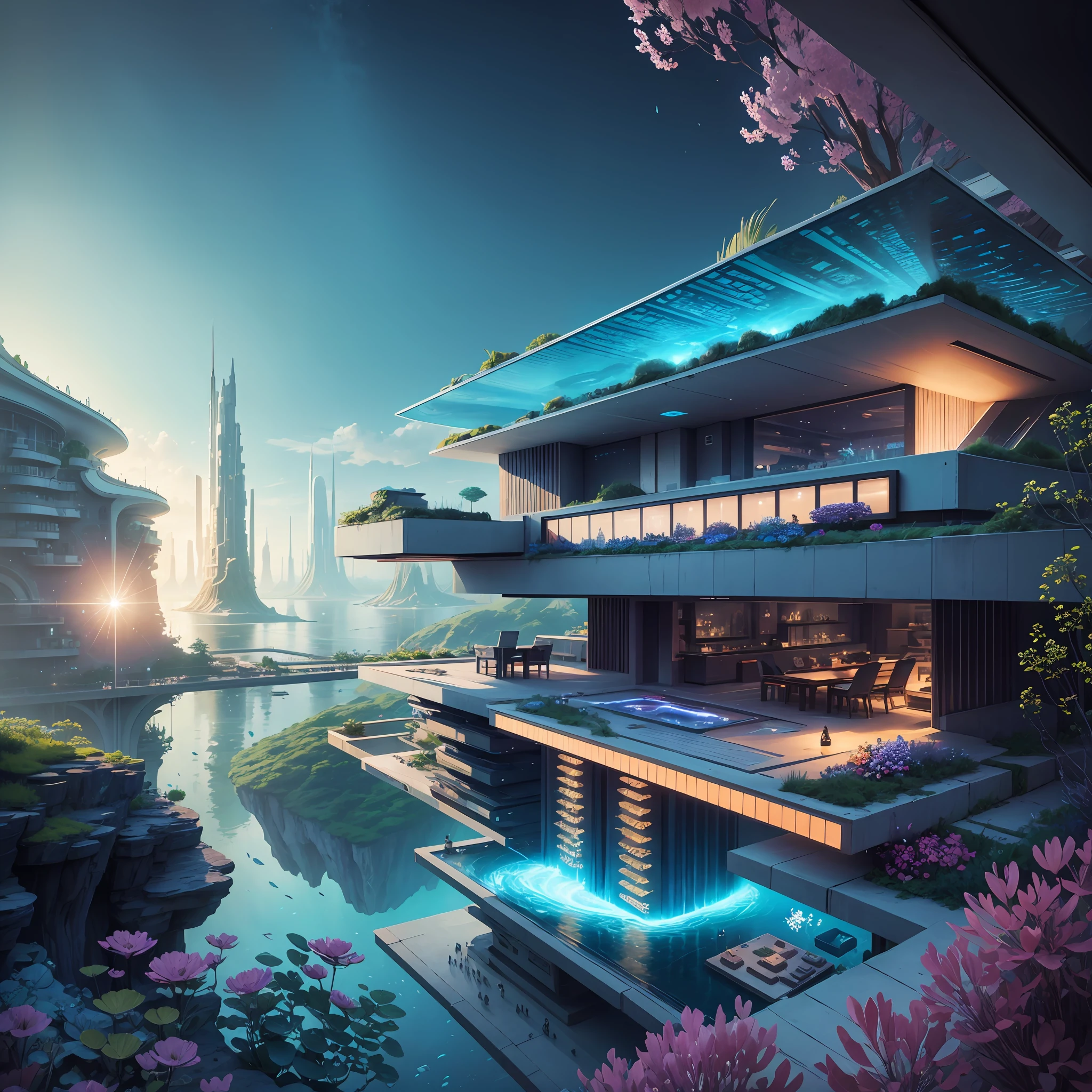 Science Fiction, Cities modern futuristic design large underwater city, futuristic underwater cityscape, a artificial waterfall and a pond with colorful flowers in the middle, nature meets underwater architecture, built inside ocean, realistic beehive architecture, organic underwater architecture, Reality very close to real nature, breathtaking render,city with underwater forest , advanced civilization technology,stunning architecture, luxury architecture, realistic fantasy render, by Zha Shibiao, epic and stunning, architectural visualization, epic architecture, concept art. 8 k --auto --v6 --s2