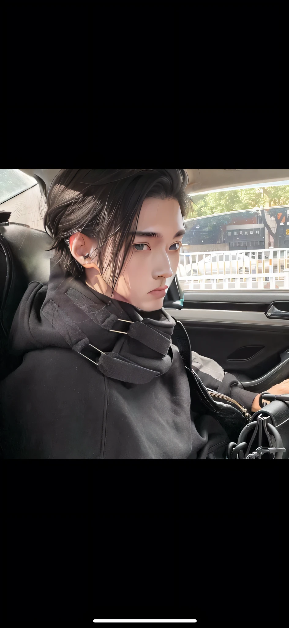 there is a man sitting in a car with a cell phone, xqc, cai xukun, xintong chen, li zixin, sickly, official, yanjun chengt, zezhou chen, mingchen shen, xision wu, handsome, 9gag, with his long black hair, wenjun lin, steve zheng, jinyiwei, zun --auto --s2