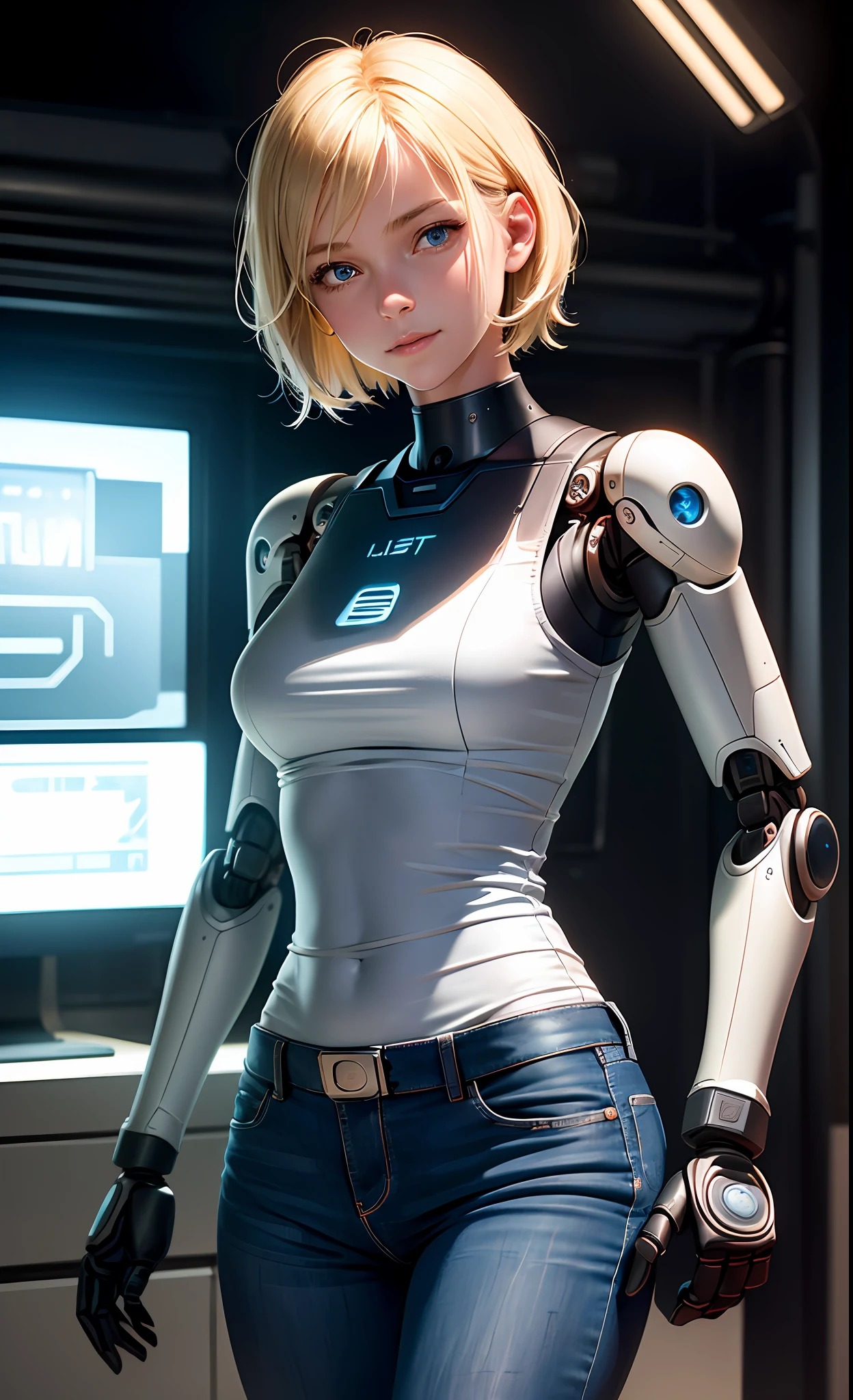 (highly detailed CG illustration), (8k, best quality, masterpiece:1.2), (realistic:1.3), (photorealistic:1.3), ultra-detailed, 1girl, (18 years old), blonde short hair, blue eyes, (robot arms and hands:1.3), machine made joints, (fabric black tank top), open navel, medium breast, visible shoulders, blue jeans, (high detailed skin:1.2), cute smile, uhd, dslr, soft lighting, high quality, film grain, Fujifilm XT3, best quality, beautiful lighting, cinematic lighting, inside futuristic lab