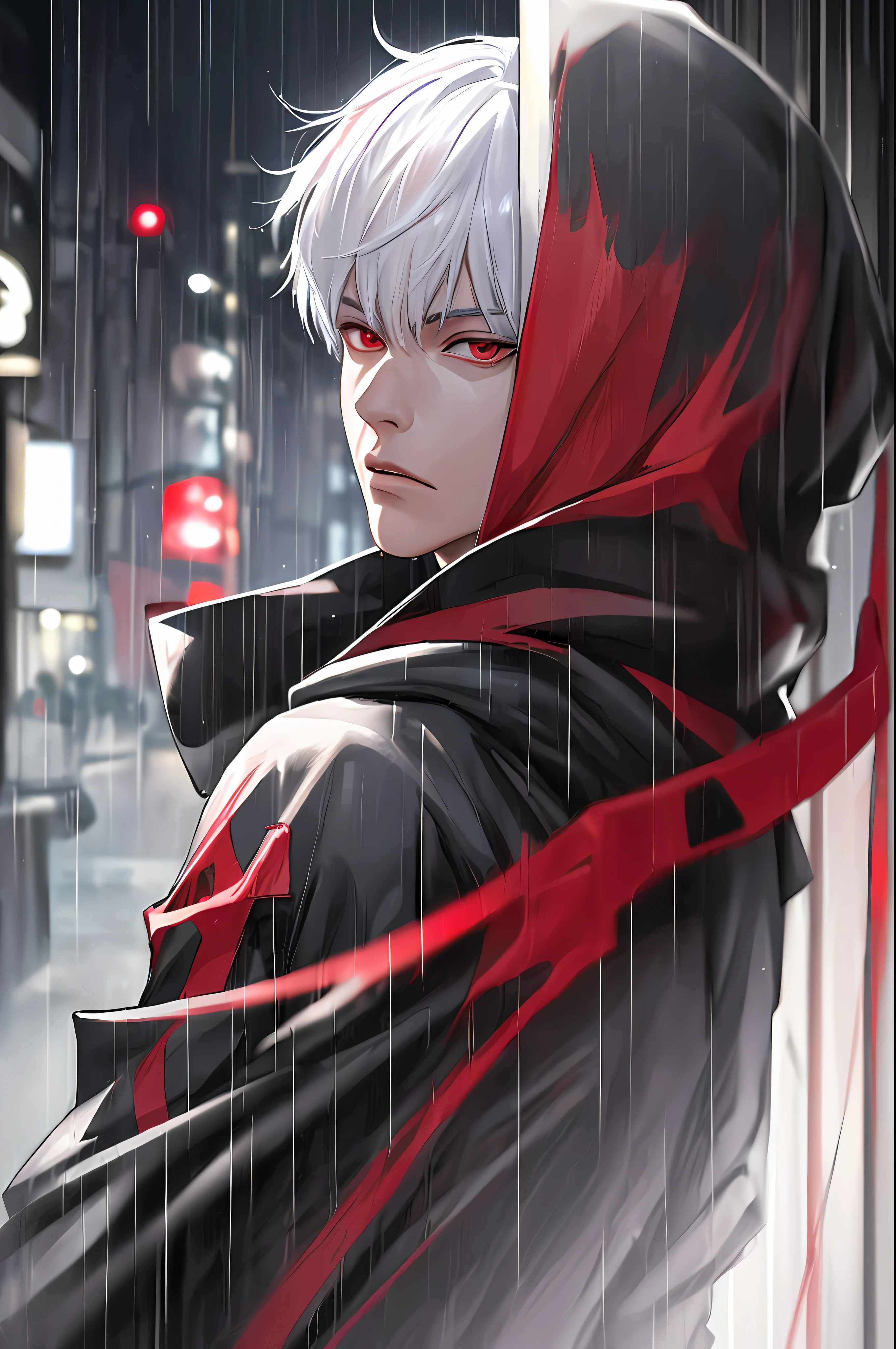 kk, best quality, more details, masterpiece, 1boy, kaneki ken, portrait, male focus, red eyes, solo, bangs, looking at viewer, hood, short hair, rain, tokyo tokyo \(city\), hood up, nail polish, white hair, luxurious, 8k, detailed, ray tracing, depth of field, cinematic lighting,