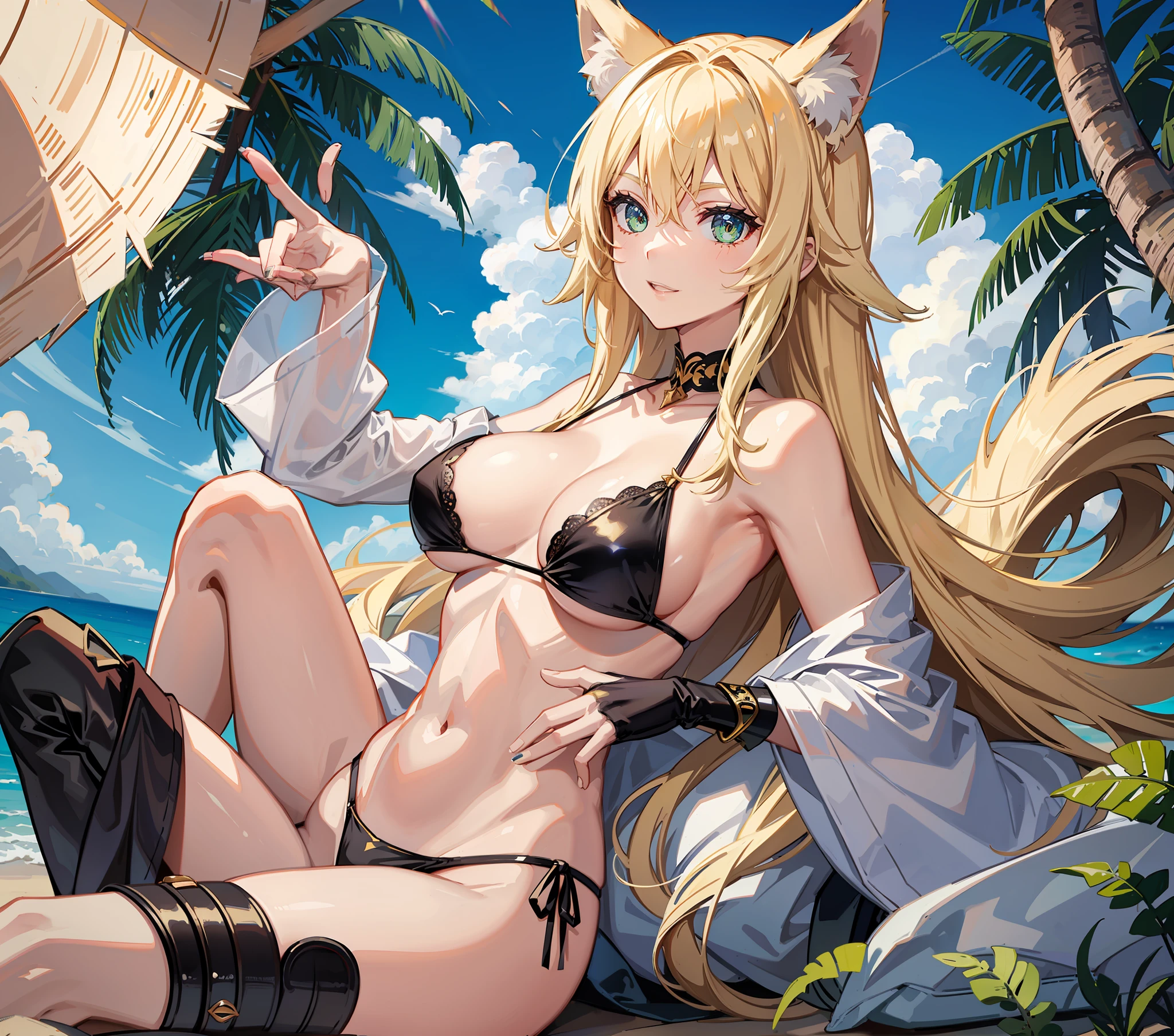 Demihuman wolf, blonde, large breasts, long hair, emerald eyes, happy state, bikini