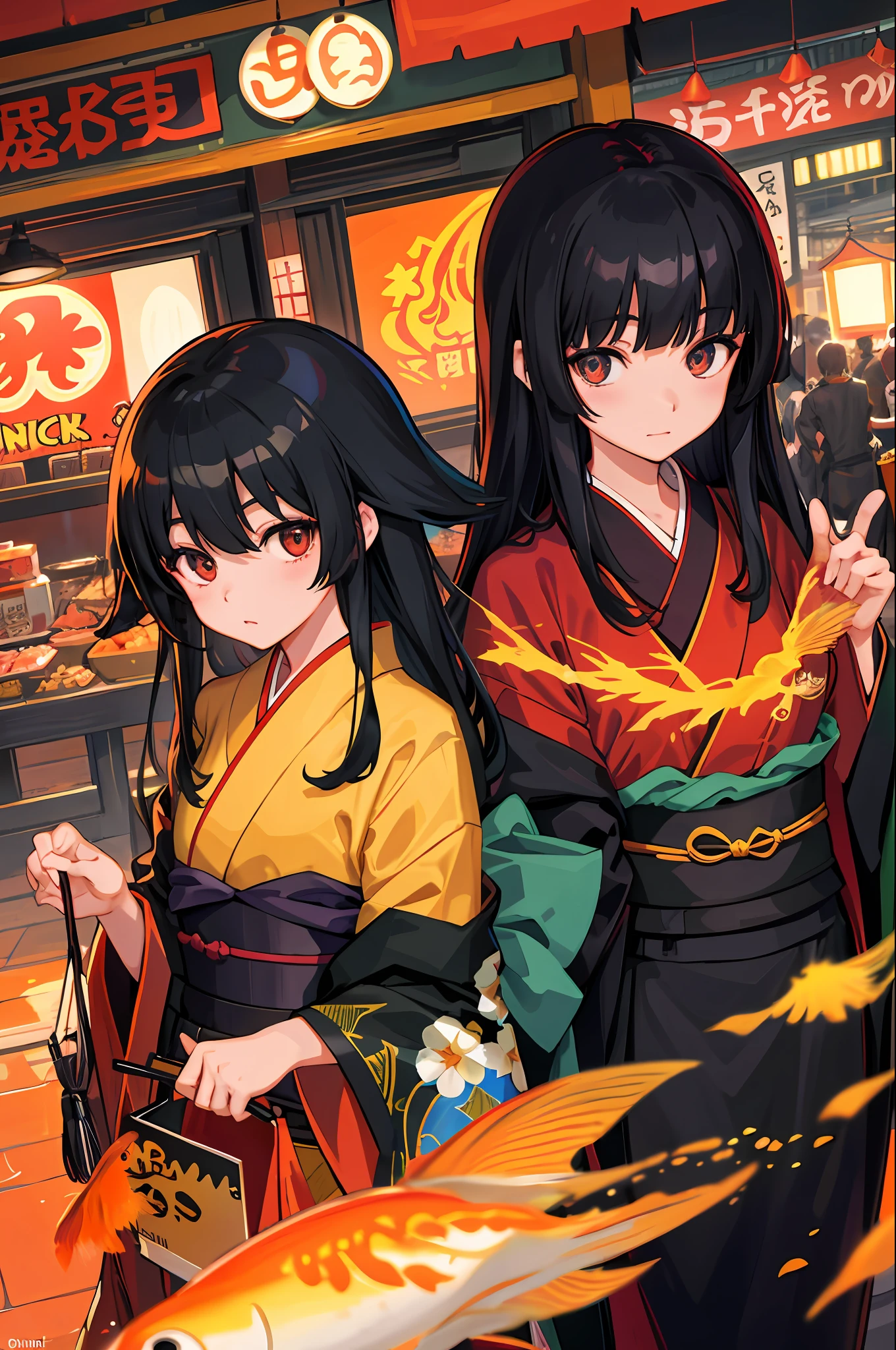 Best quality, original characters, voluminous lighting, long black hair, cute eyes, kimono with goldfish pattern on black, Ghibli style background, summer festival, sunset, starry sky, old shopping street