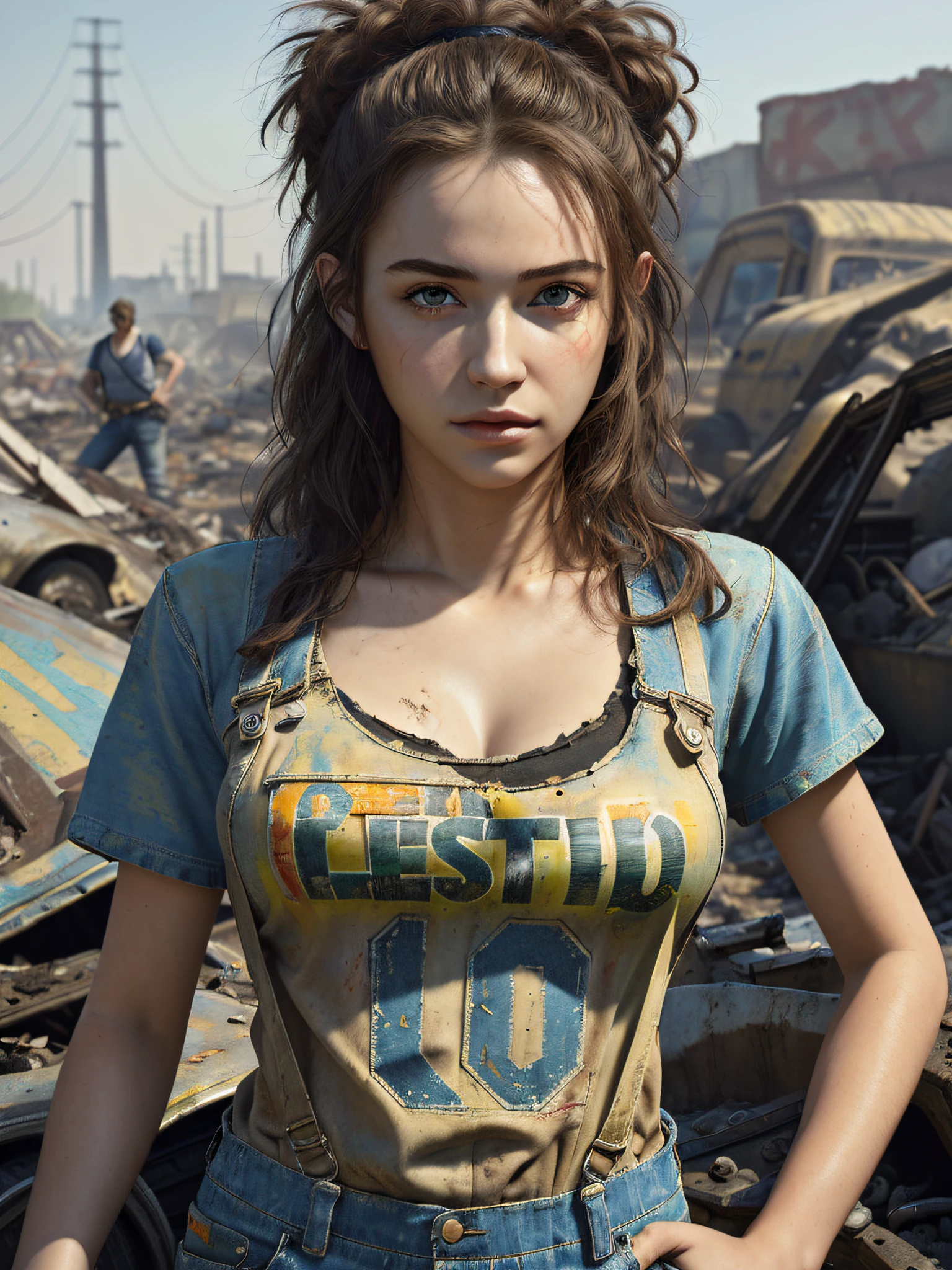 (masterpiece, best quality:1.4), photorealistic, highly detailed face, 1 pretty young woman, solo, junkyard worker, worn overall, worn tshirt, cleavage, junkyard, dirty, greesy