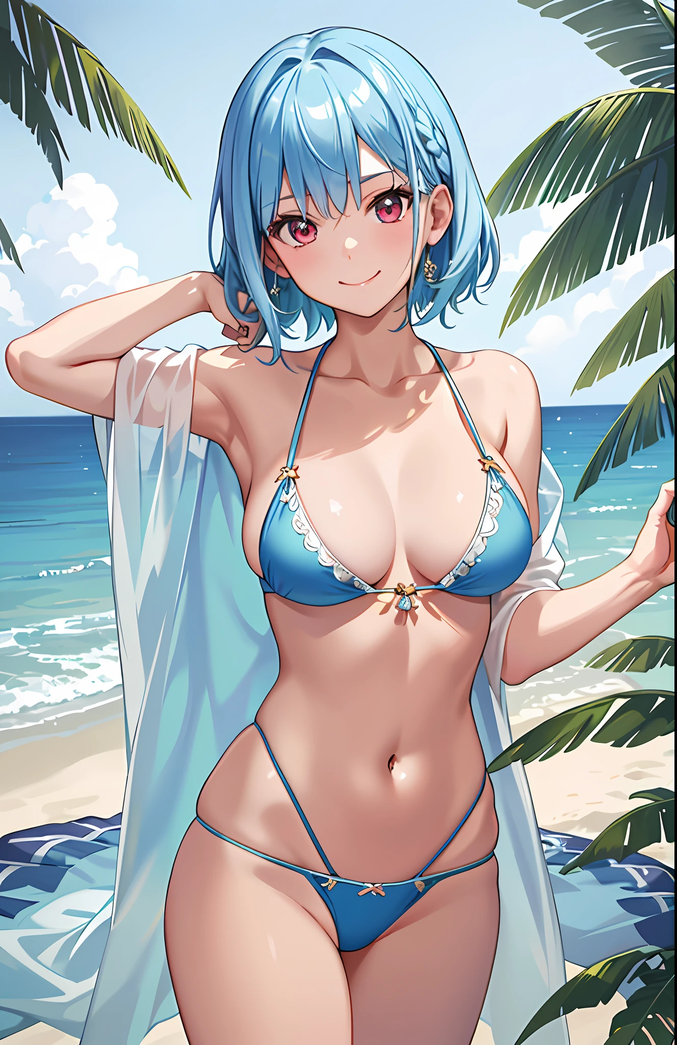 masterpiece, best quality, ultra-detailed, illustration, 1girl, ((looking at viewer)), (cowboy shot), smile, (light blue hair),short hair,red eyes,
beach, String Microkini, G-String Thong, Bikini Side Tie, Slim Belly, Beautiful Perfect Bare Legs, Summer Sunlight