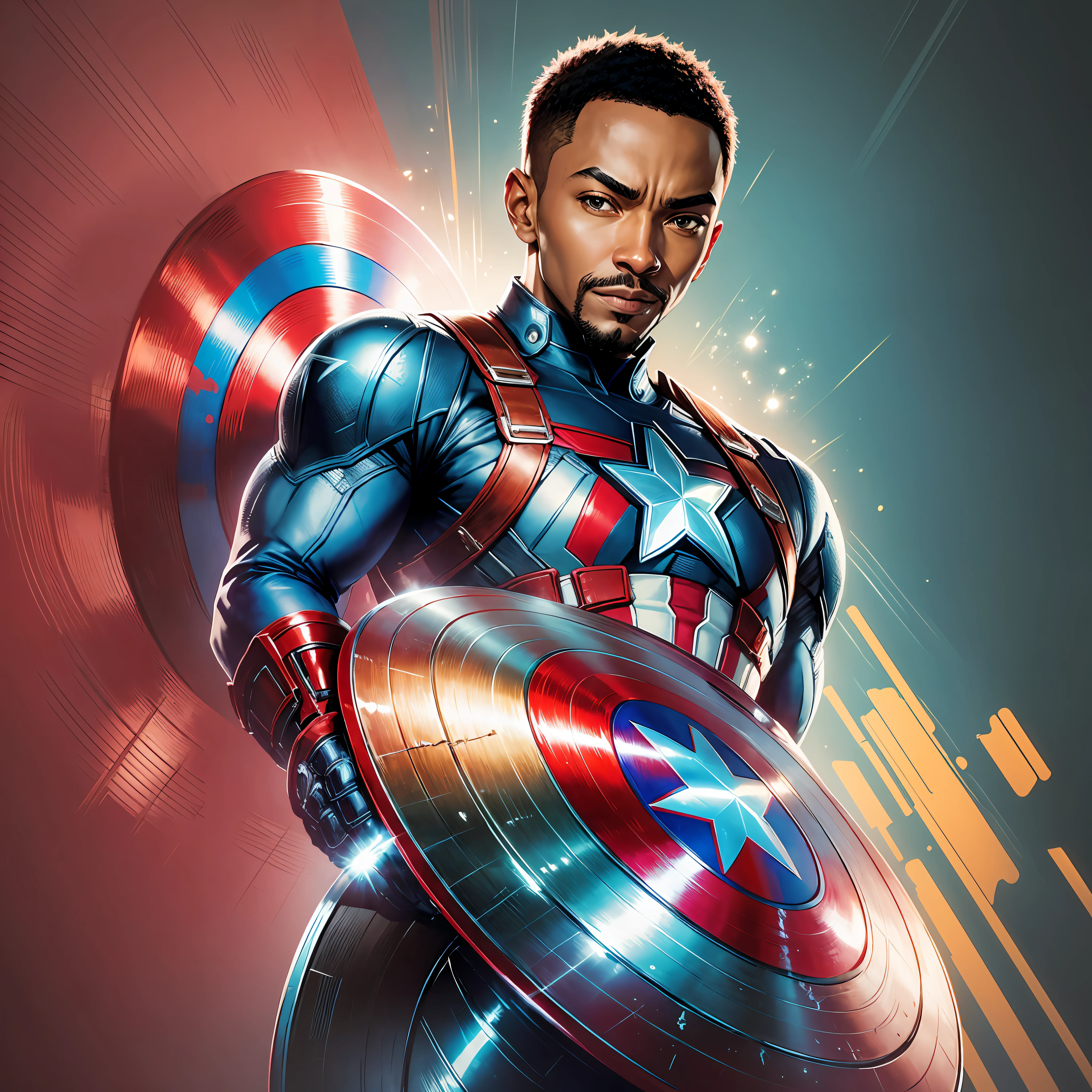 an image of Anthony Mackie dressed as Captain America, with a vibrant, flashy background. He may be holding Captain America's shield with a confident expression on his face. --auto --s2