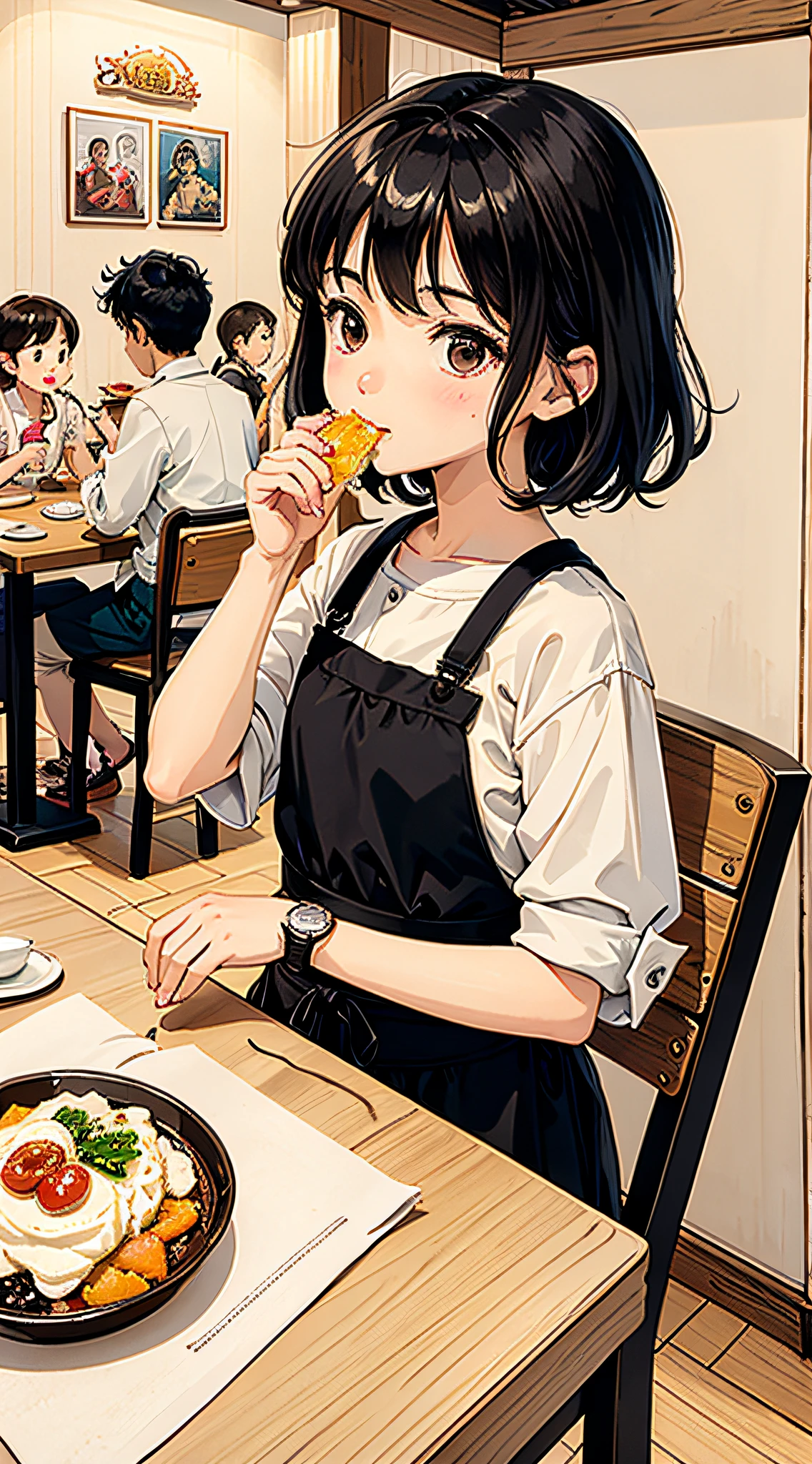 At the restaurant, there were several with a watch in their hands and black hair, eating