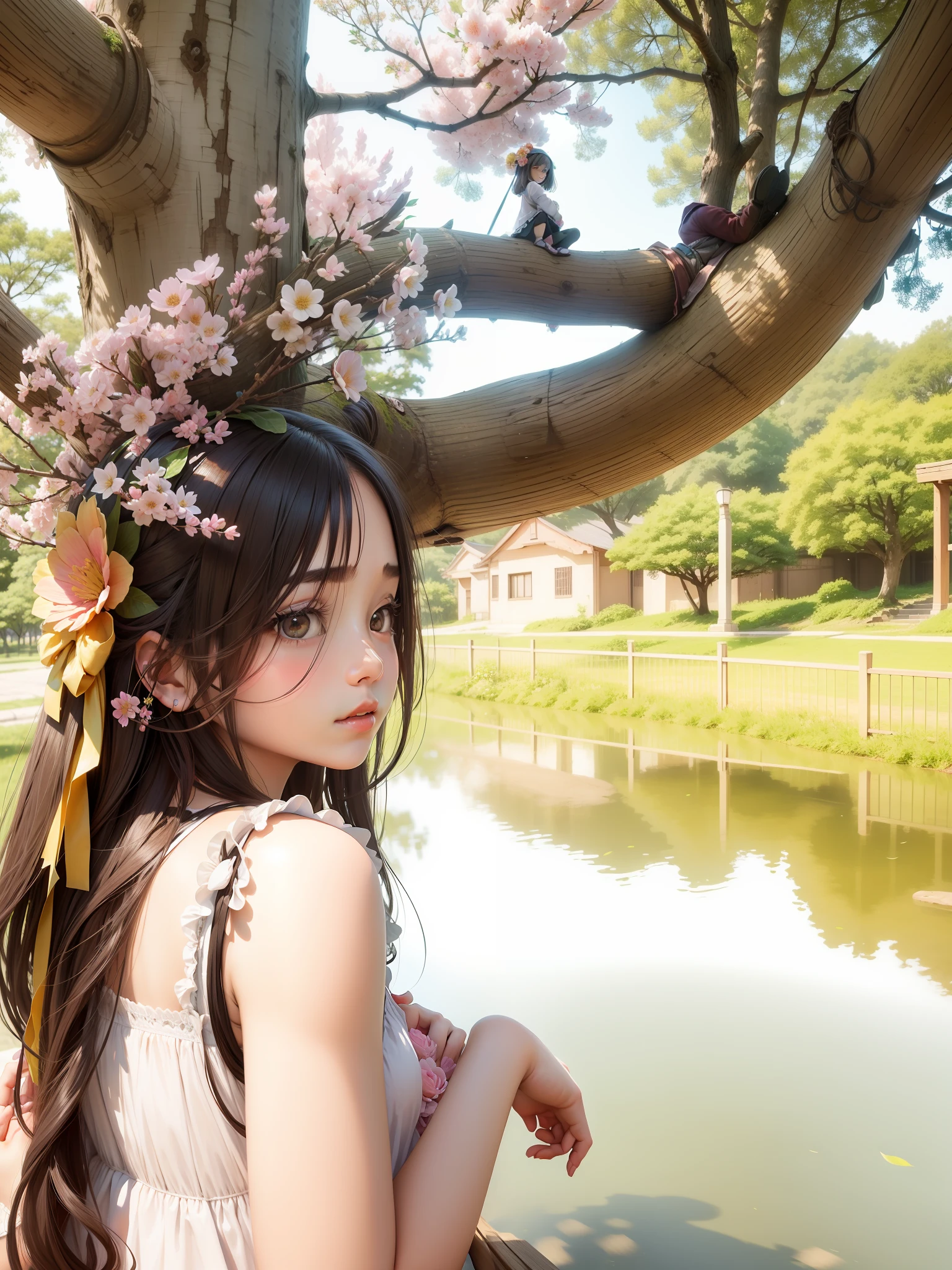 Make this better but not change pose put flower on the girl head and change the tree woth a lot of sakura flowers and dont change the face (4k,tit) make the girl face 20years old