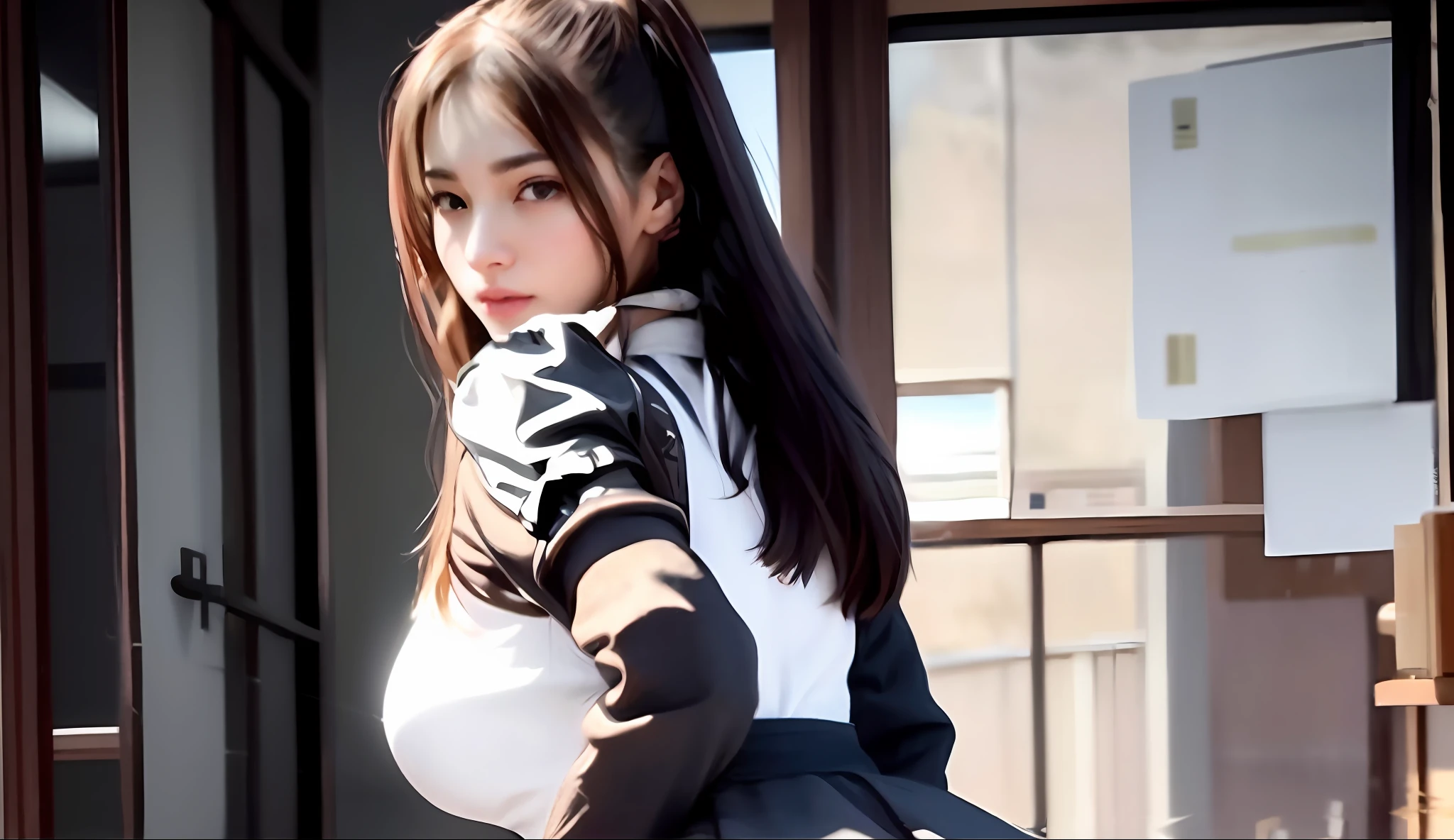 Ultra-realistic photos that look like real people, the model, face, style, clothing, and long dark brown hair of this image are 100% maintained, and the design itself is depicted ultra-realistically and carefully.