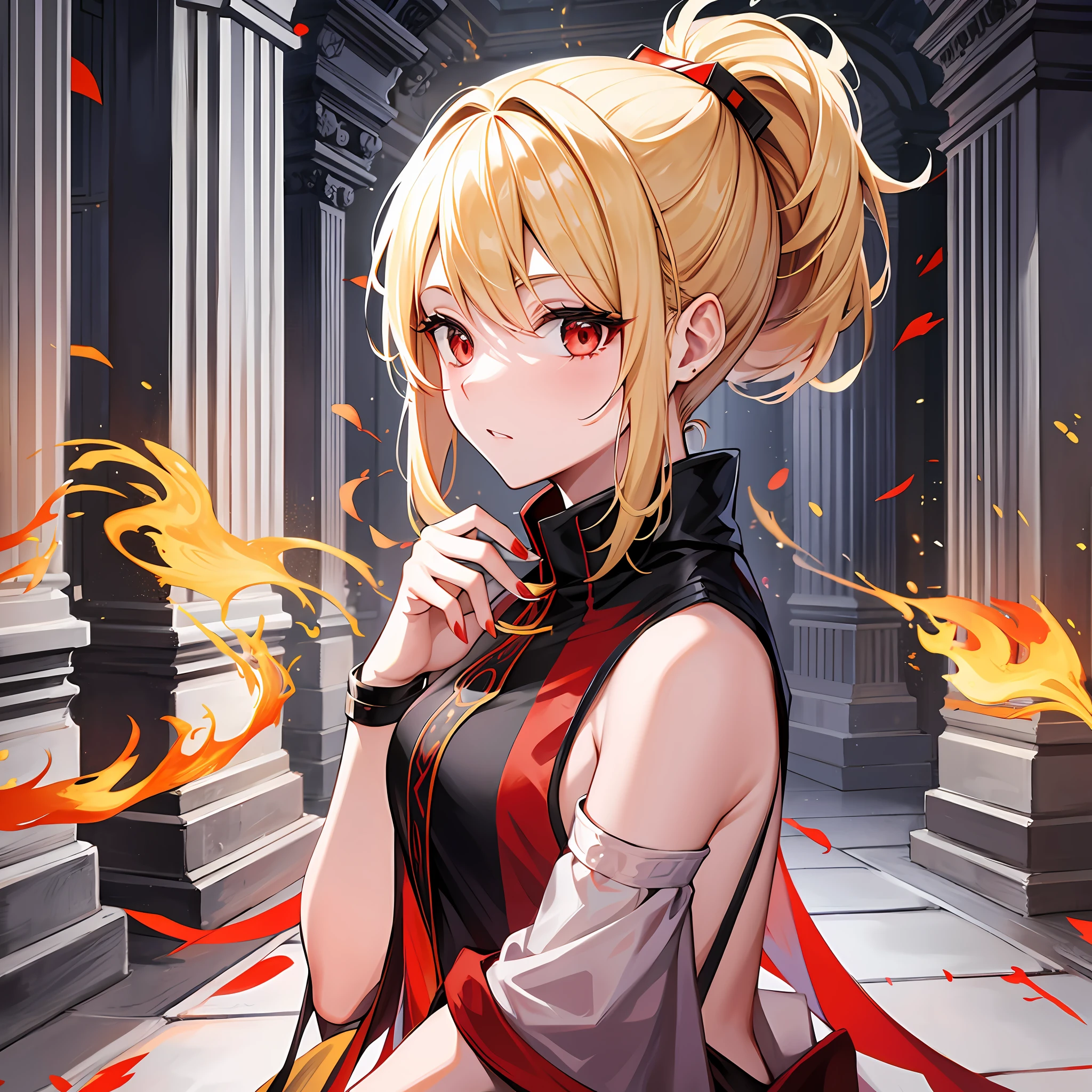 Blonde and red-eyed girl alone, ponytail, flame, pillar, wizard, flame from hand