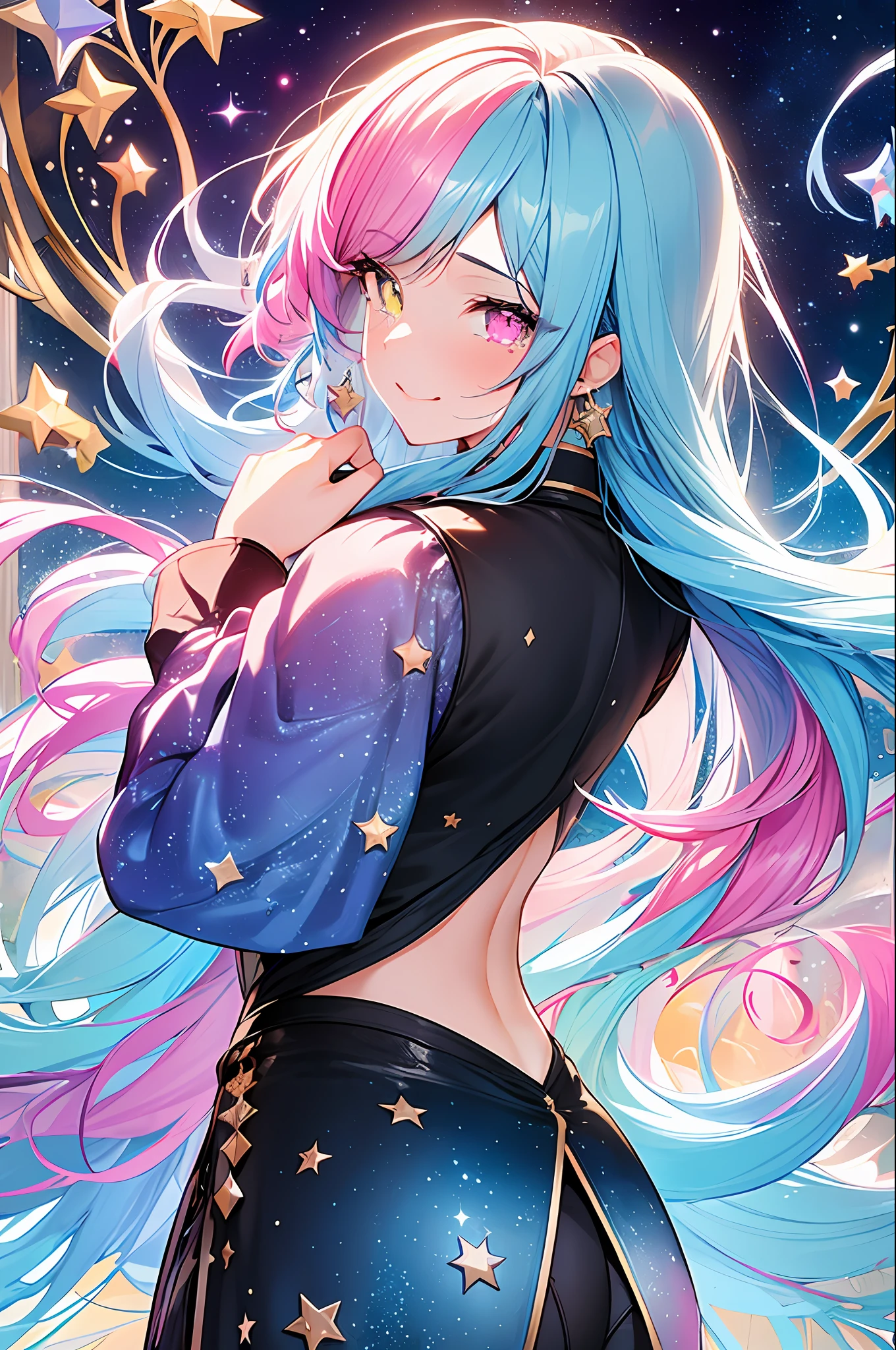 (Masterpiece, Best Quality, Best Quality, Medium Watercolor), Official Art, Beautiful and Aesthetic: 1.2), (1 Girl: 1.3), (Fractal Art: 1.3), (Full Body)), Back (Iridescent Hair, Colorful Hair, Half Blue and Half Pink Hair: 1.2), Water, Liquid, Cloud, Colorful, Starry Sky, Stars, Smile, Glasses, Close Up, Heterochromia, (Colorful: 1.5), ((Uniform)), Detailed background, (((glitter pupils)), ((clothes with large backs)), ((tears))