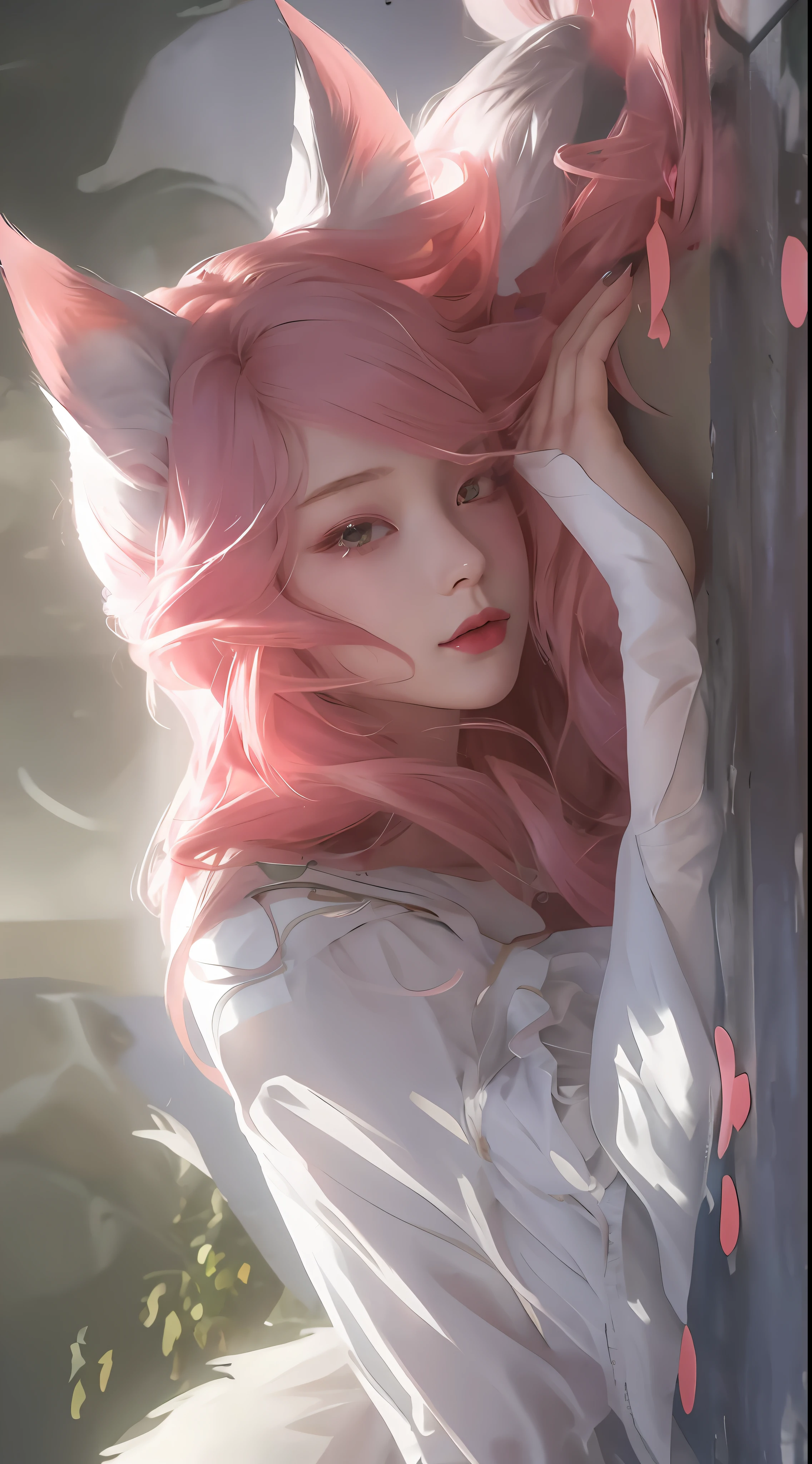 Anime girl with pink hair and white dress leaning against the wall, Guwiz, Guwiz style artwork! Dream Art Germ, Smart Eyes, Rostland 8 K, soft anime illustration, inspired by Rostelan, Lois and Wolop, beautiful anime Catwoman, Wallop | artgerm, wlop art, by Ross Tran