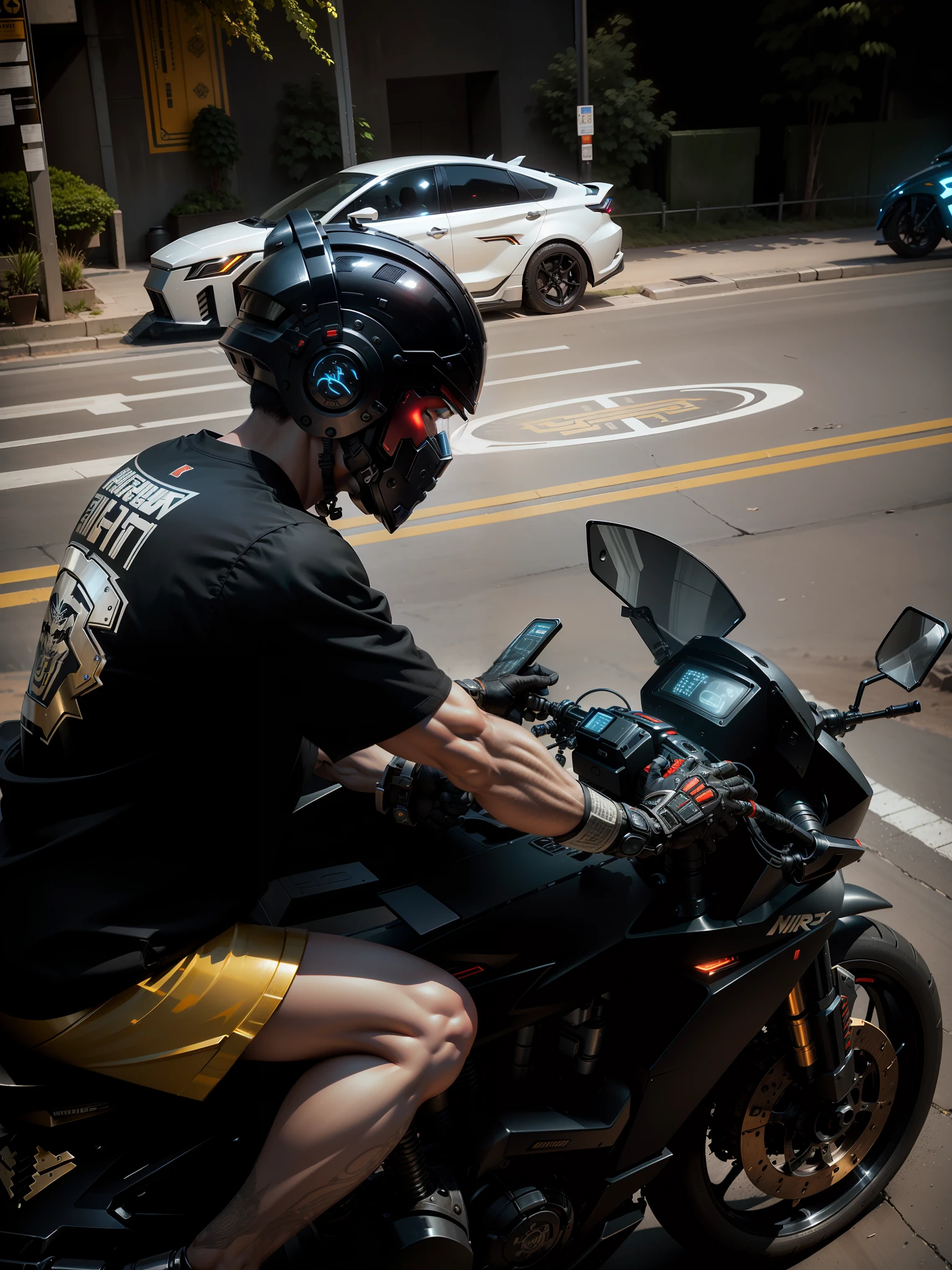 Cyber Warrior & Cybertech Mechanical Motorcycle, Mighty Male Warrior, Nousr, Biomechanics, MSHN Robot Man, Cybertech Full Surround Helmet, Surreal, Steel, Intricate Design, Crazy Detail, Fine Detail, Extremely Clear Lines, Cinematic Lighting, Photo Realistic, Detailed Masterpiece