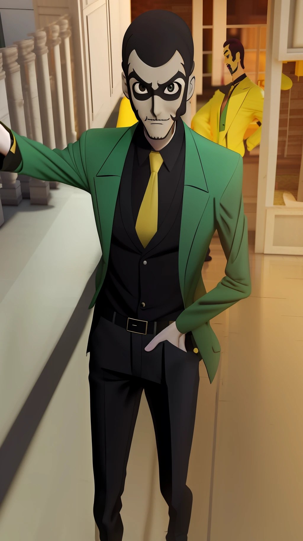 1man, lupin_iii,Lupin trying to remove the panda mask, green jacket, yellow necktie, brown hair, black eyes, black shirt, grey pants, (3d:1.3)