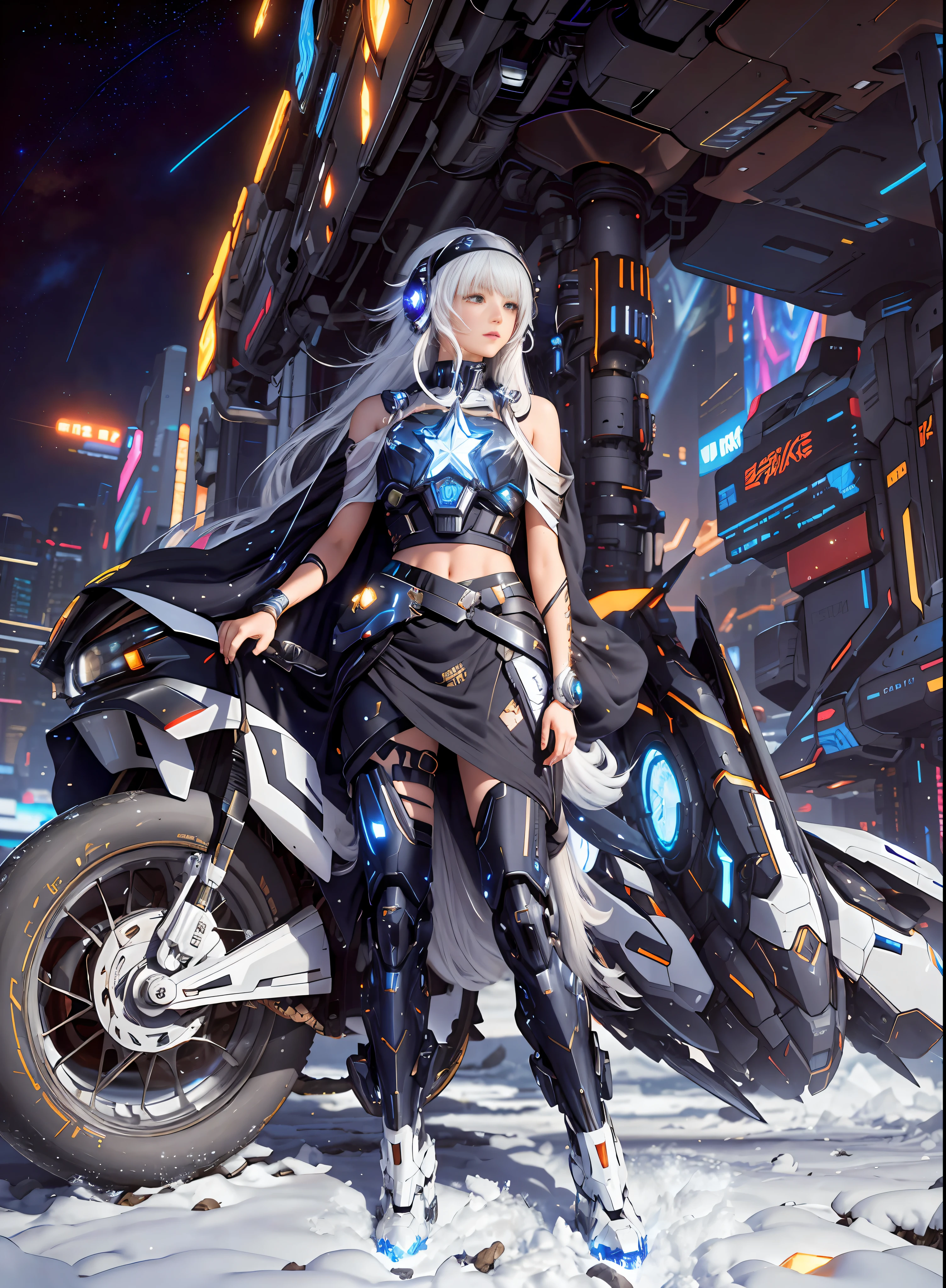 Masterpiece, Best Quality, 4K, Mecha, Crystal Helmet, Glow, Futuristic, Starry Sky, Sky, Stars \ (Sky \), Cloak, Headband, Long Legs, Long Hair, White Hair, Cyberpunk, Depth of Field, Blurred Background,