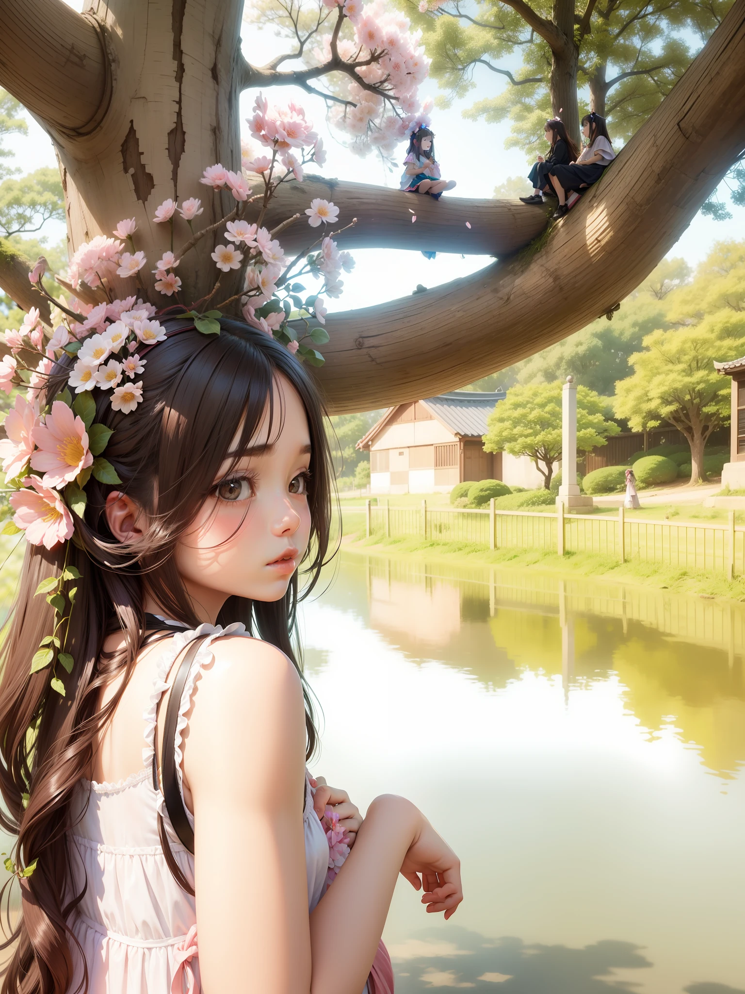 Make this better but not change pose put flower on the girl head and change the tree woth a lot of sakura flowers and dont change the face (4k,tit) make the girl face 20years old