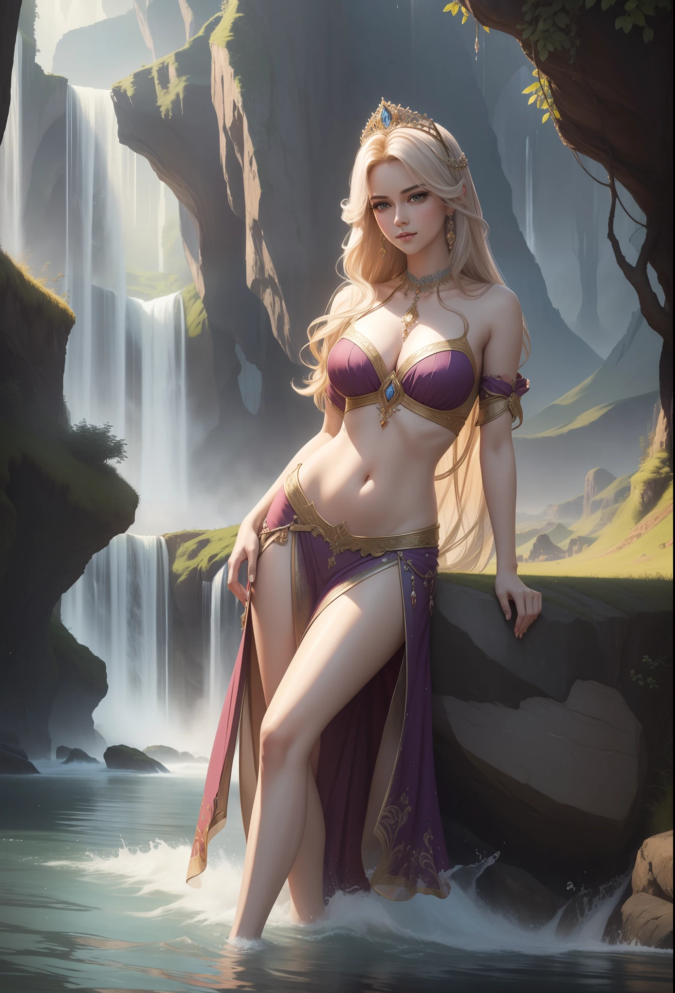 landscape, water (extremely detailed CG unity 8k wallpaper), the most beautiful artwork in the world, professional majestic oil painting, intricate, high detail, sharp focus, dramatic, photorealistic. Princess show stomach long legs wear jewellers