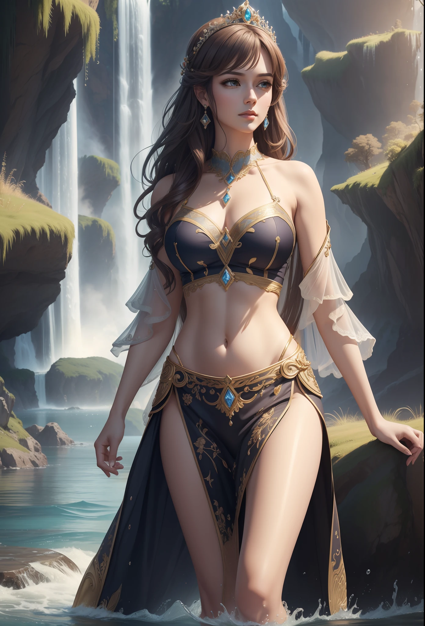 landscape, water (extremely detailed CG unity 8k wallpaper), the most beautiful artwork in the world, professional majestic oil painting, intricate, high detail, sharp focus, dramatic, photorealistic. Princess show stomach long legs wear jewellers