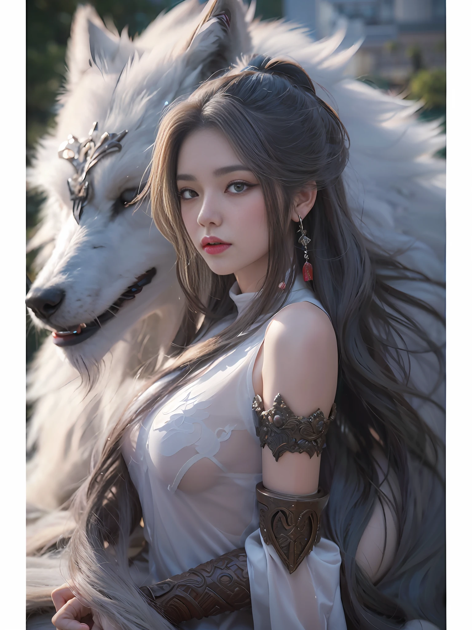 A girl from ancient China, with long hair, girl lying on the body of a white giant wolf, panorama, aerial view, beautiful, sparkling, reflective, realistic rendering, in the style of Transformation Core, UE5, HD mod, in the style of Unreal Engine